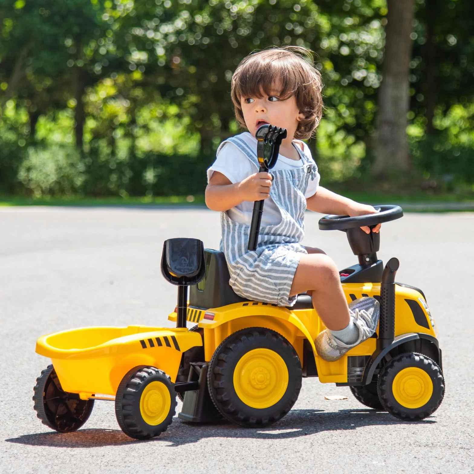 COSTWAY Caterpillar Porteur Tracteur Enfants avec Remorque Amovible & Pelle & Râteau, Voiture Enfants à 6 Pneus avec Lumière LED & Musique & Klaxon, Charge 25kg pour Enfants de 1,5-3 Ans