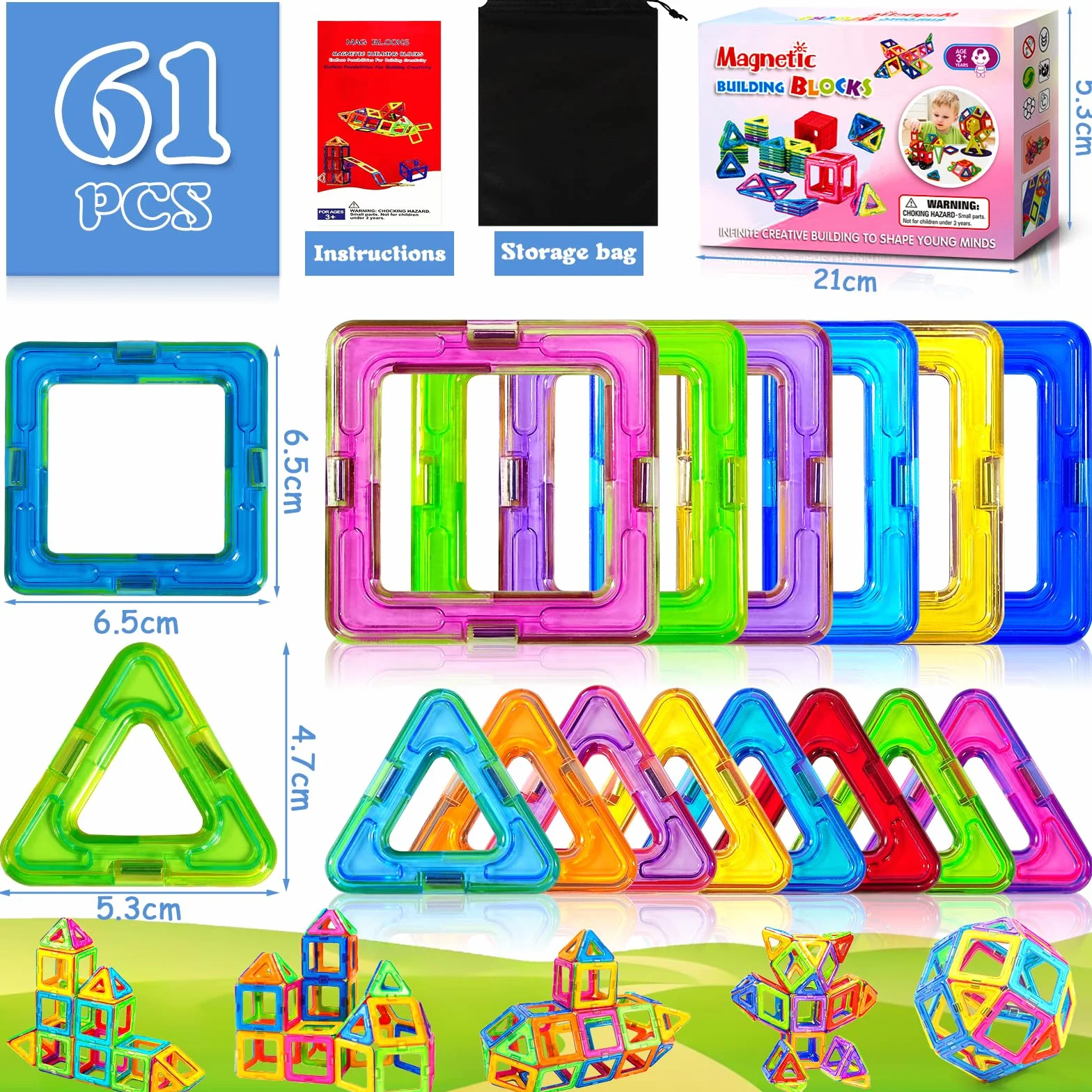 Jeu de Construction Magnétique 61 Pièces Enfant 3-8 Ans
