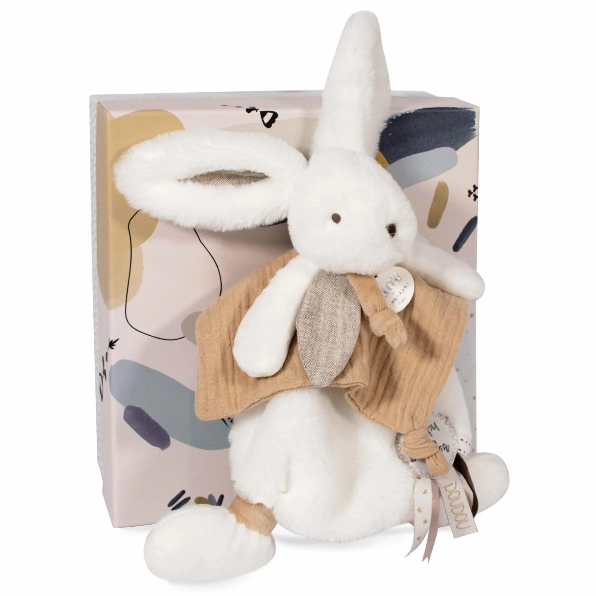 Doudou et Compagnie Doudou Plat Lapin Blanc et Beige Happy Wild 25 Cm Boite Cadeau DC3740