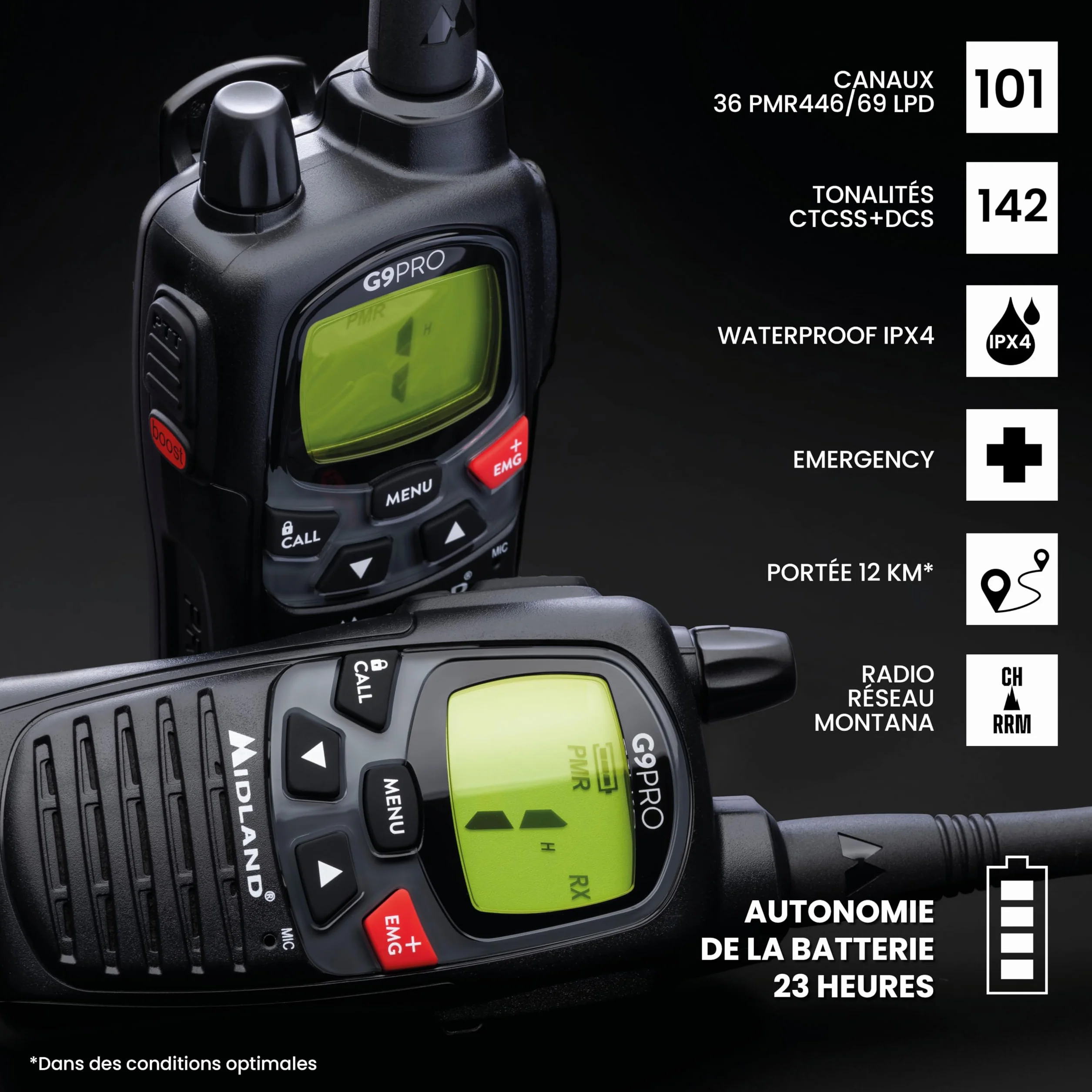 Midland G9 PRO Talkie Walkie Longue Portée 12Km Professionnel IPX4 Étanche 103 Canaux PMR446 LPD Autonomie 23H