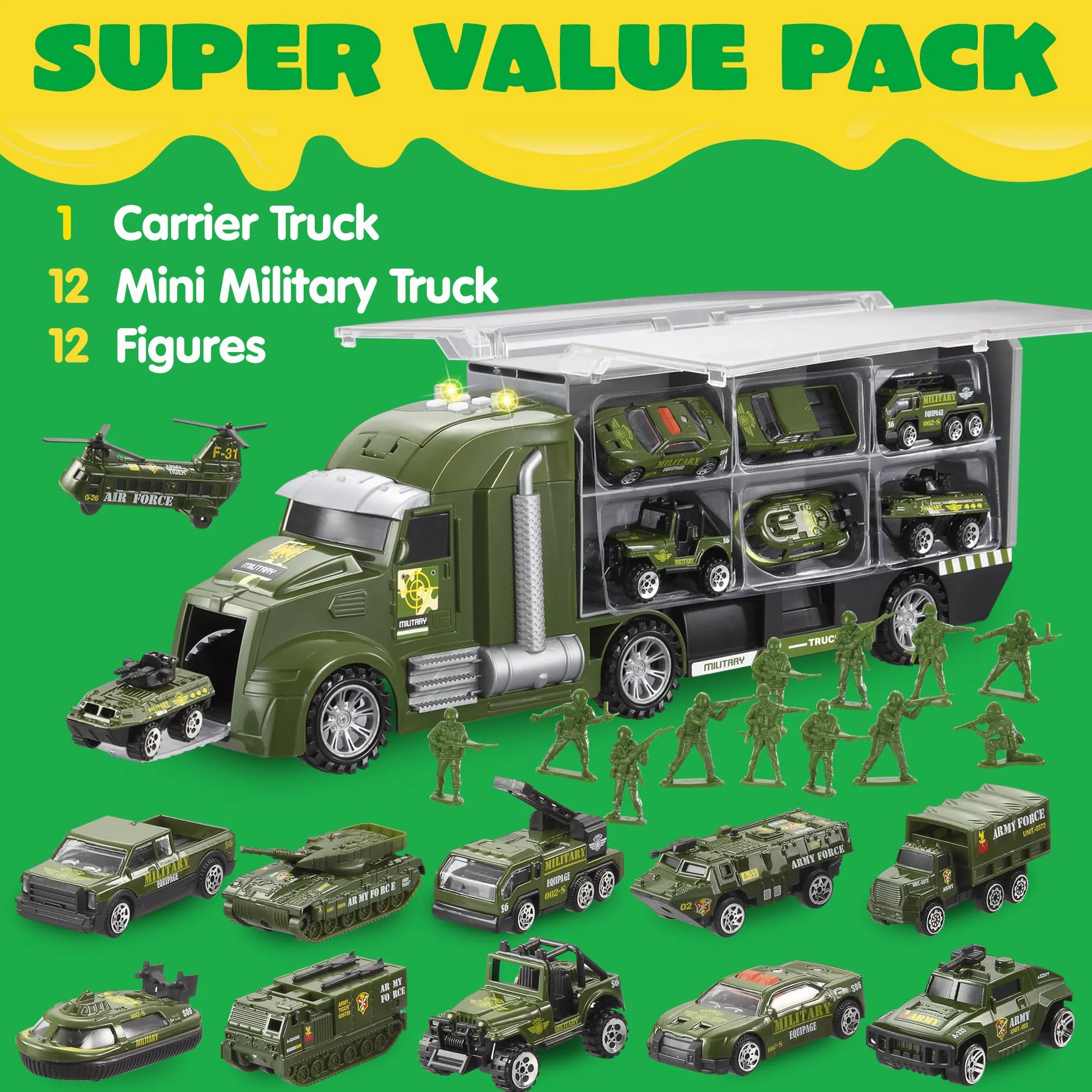 JOYIN 25 en 1 Camion Militaire Moulage sous Pression Véhicule de l'armée avec lumières et Sons, Cadeau pour garçons 3+ (Vert)