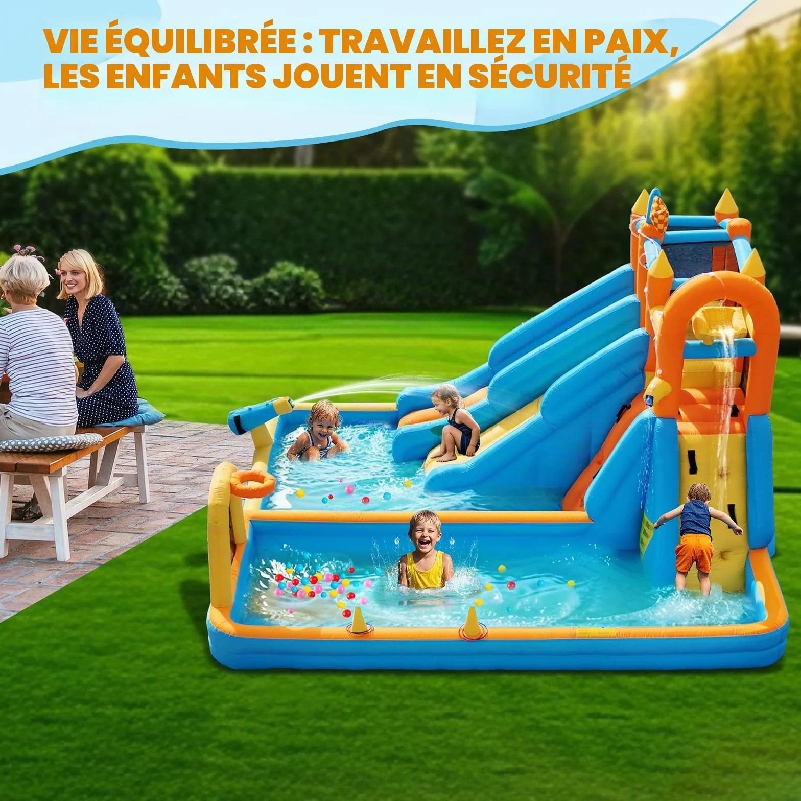 FOOING Château Aquatique Gonflable avec 2 Toboggans, Mur d'escalade, Panier de Basket et Filet de Sécurité pour Enfants