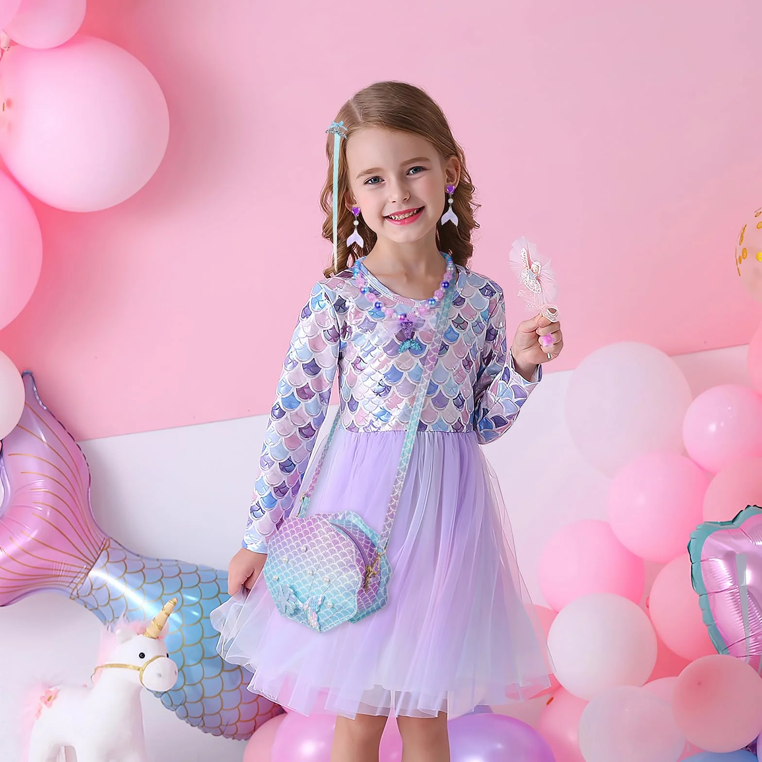 Sirènes Sac à Main Bijoux Enfants Fille, Coquillage Sac Bandoulière Princesse Set Collier Bracelet Bague Boucles d'oreilles