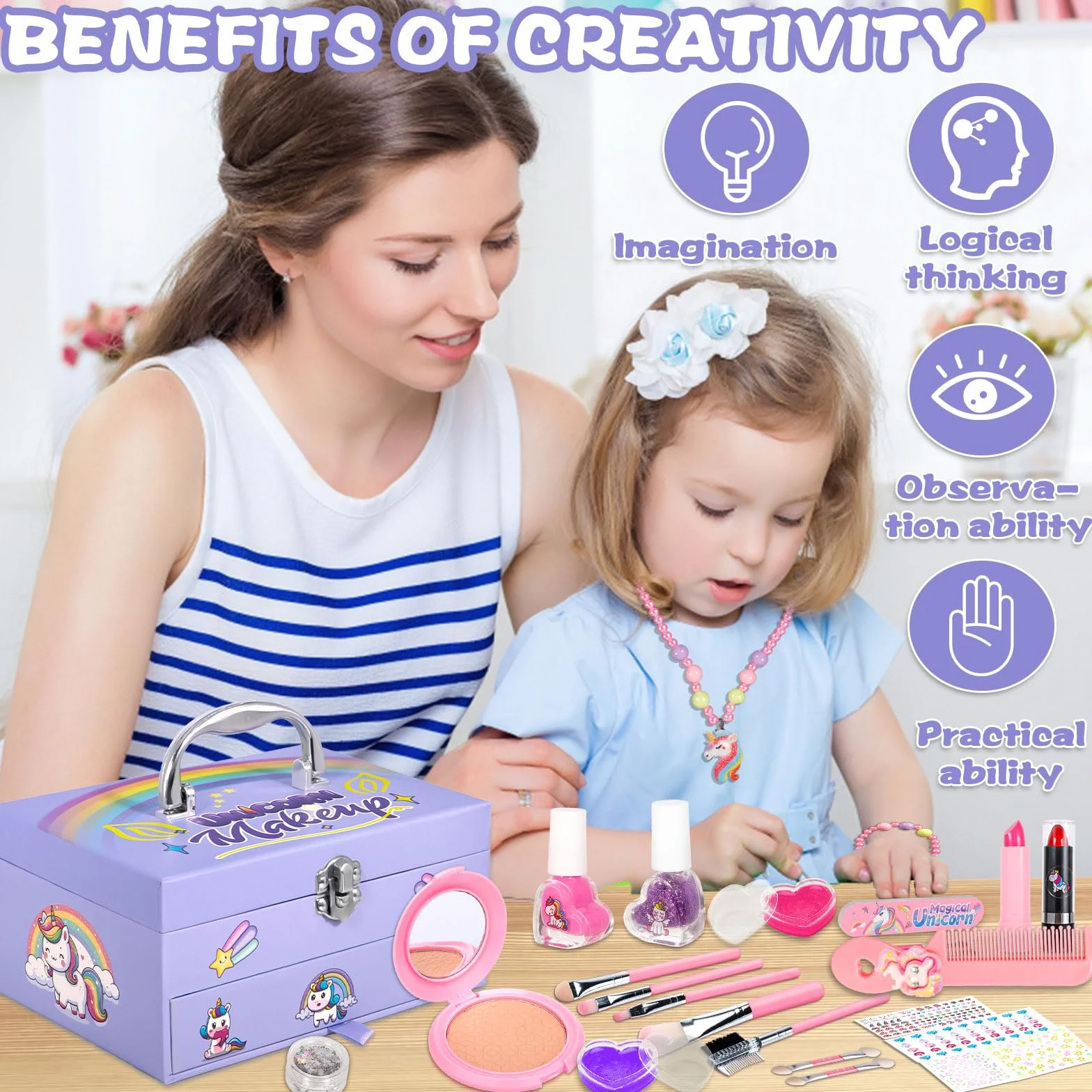 Coffret Maquillage Enfant Filles, 68pcs Lavable Malette Maquillage Jouet, Cadeau Noël Anniversaire 4-10+ Ans