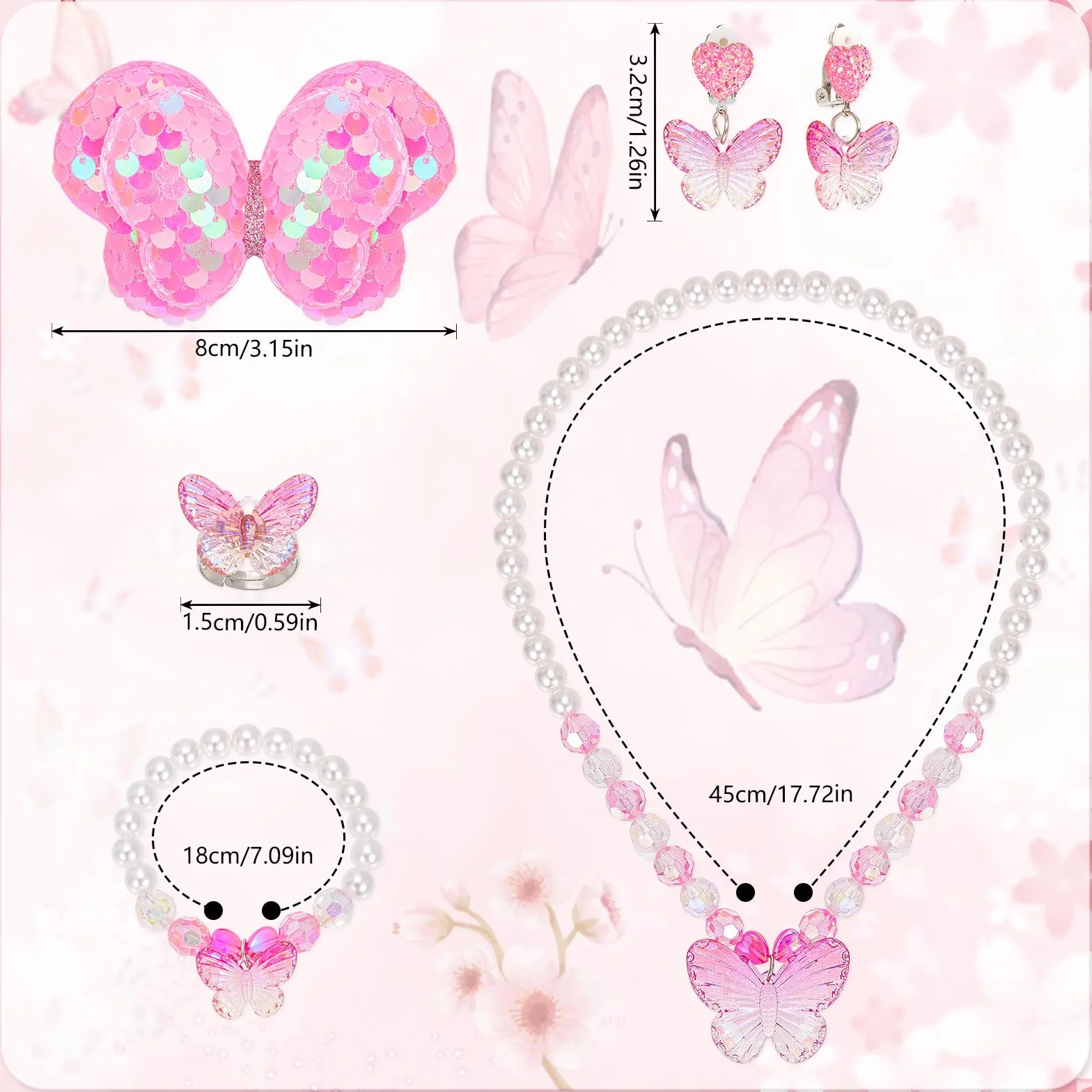 Sac à Main Bijoux Enfants Fille Papillon Colliers Bracelets Boucles d'oreilles Bagues Épingles à Cheveux avec Sac Bandoulière Princesse Accessoires Cadeaux de fête