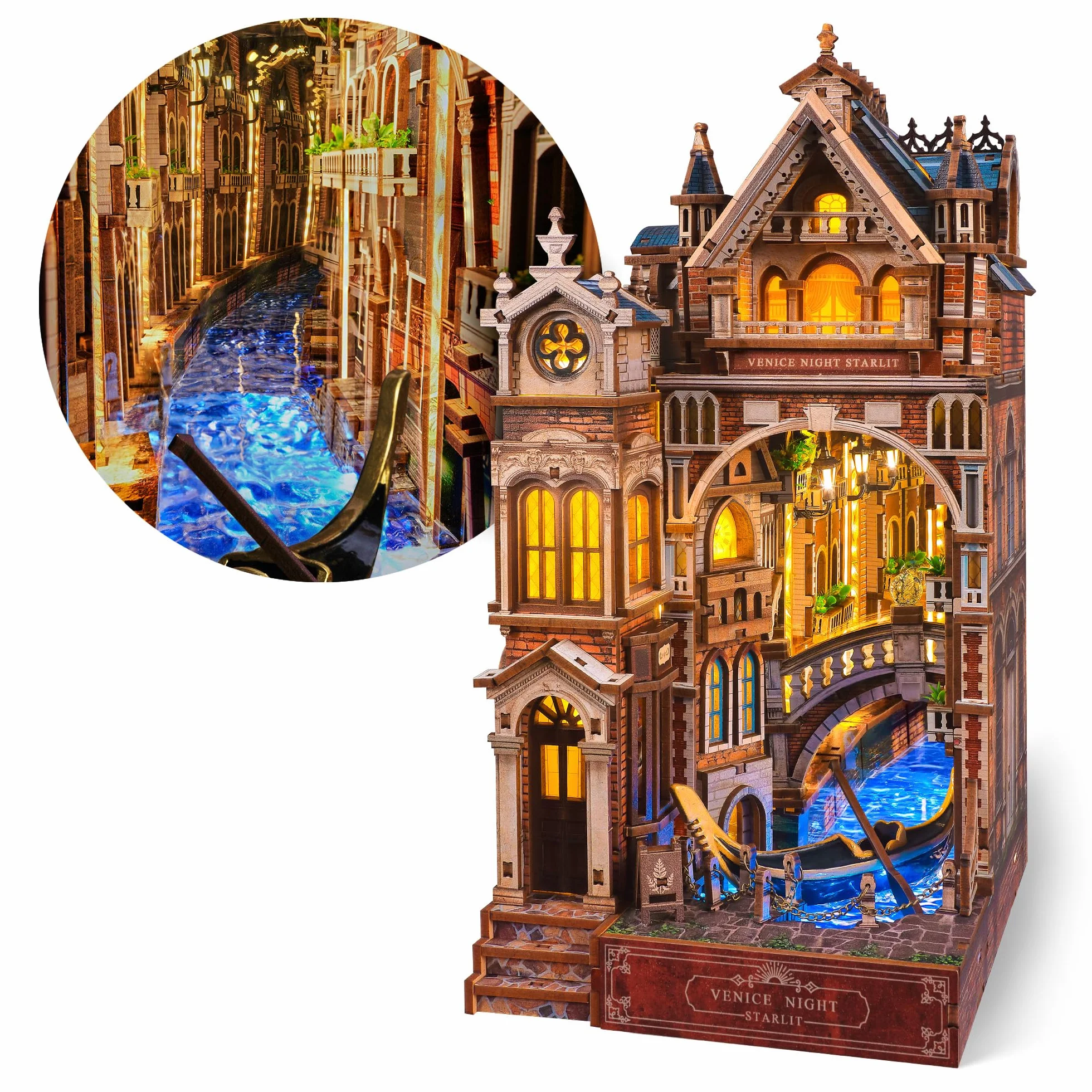 FUNPOLA Venice Night Starlit Book Nook Kit 3D Puzzle en Bois avec Miroir Infini LED Décoration DIY pour étagère