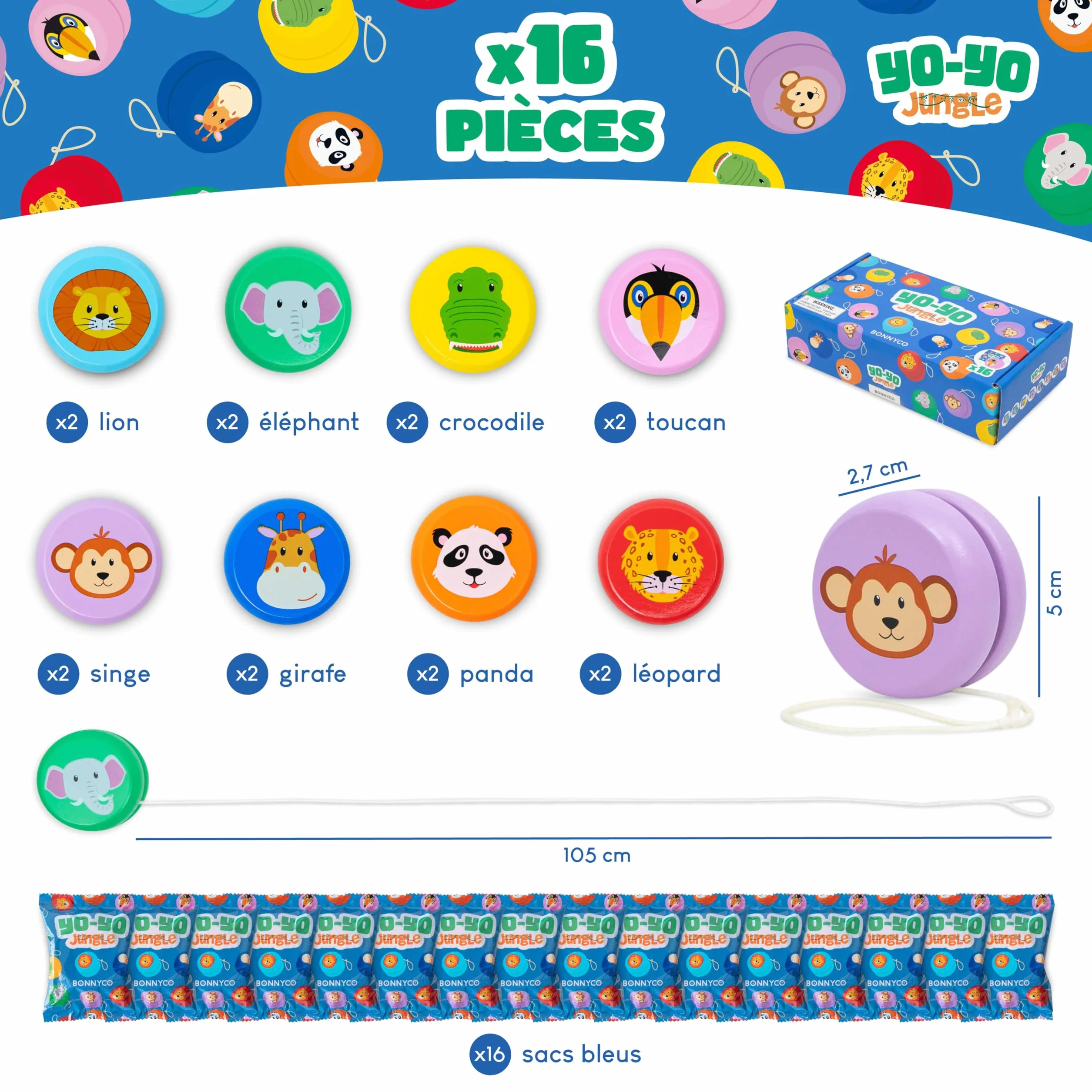 BONNYCO Yoyo Enfant Lot 16 Pièces Animaux de la Jungle Bois Cadeau Anniversaire