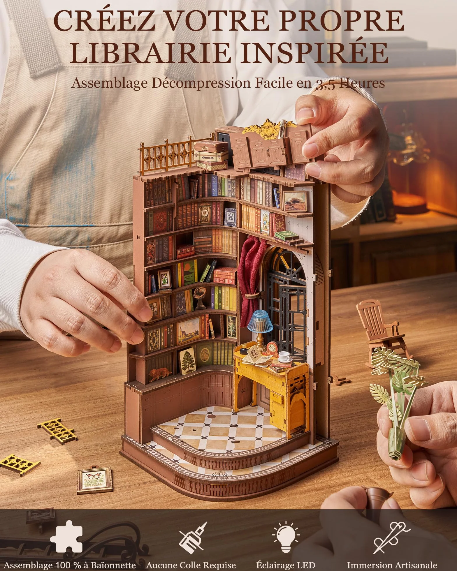 Rolife Book Nook Kit Maison Miniature à Construire DIY en Bois avec Lumières Silent Corner Study 3D Puzzle