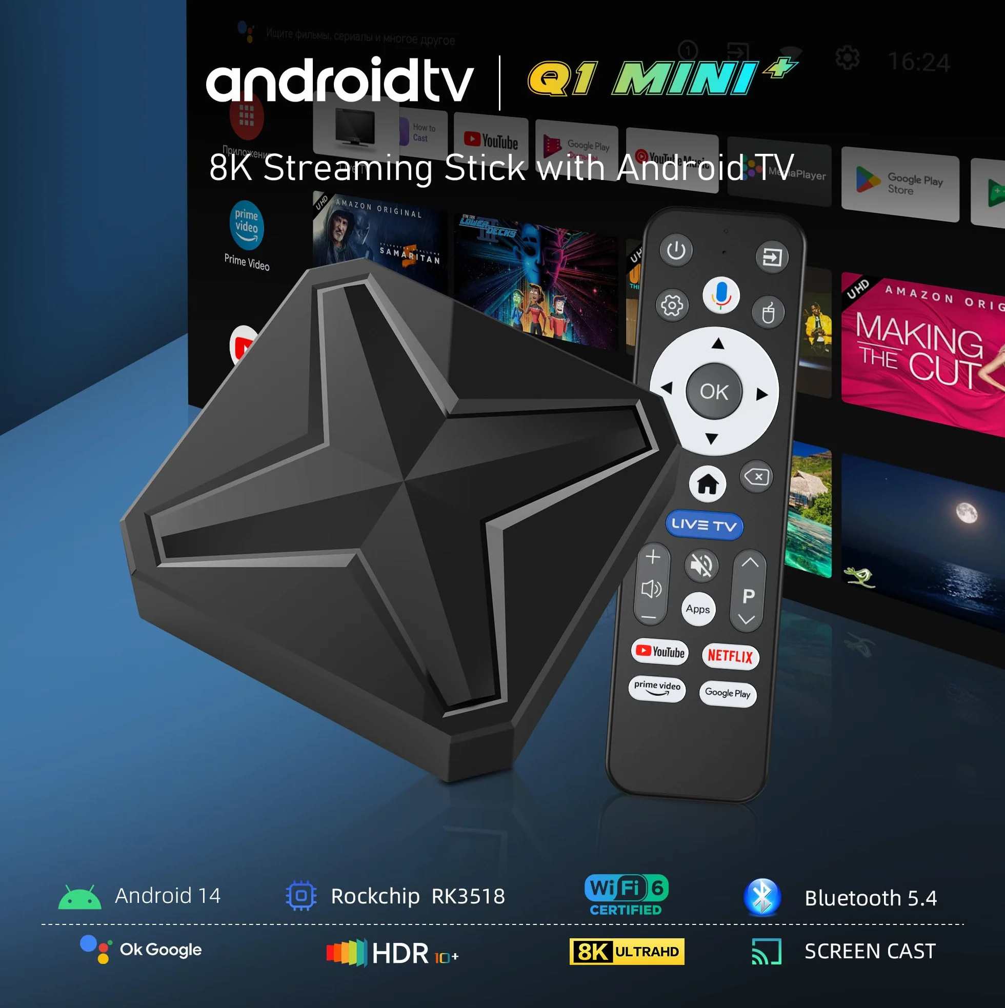 Android 14 TV Box 8K Ultra HD 2GB RAM 16GB ROM RK3518 Quad Core A53 Mali 450 MP2 WiFi 6 BT 5.4