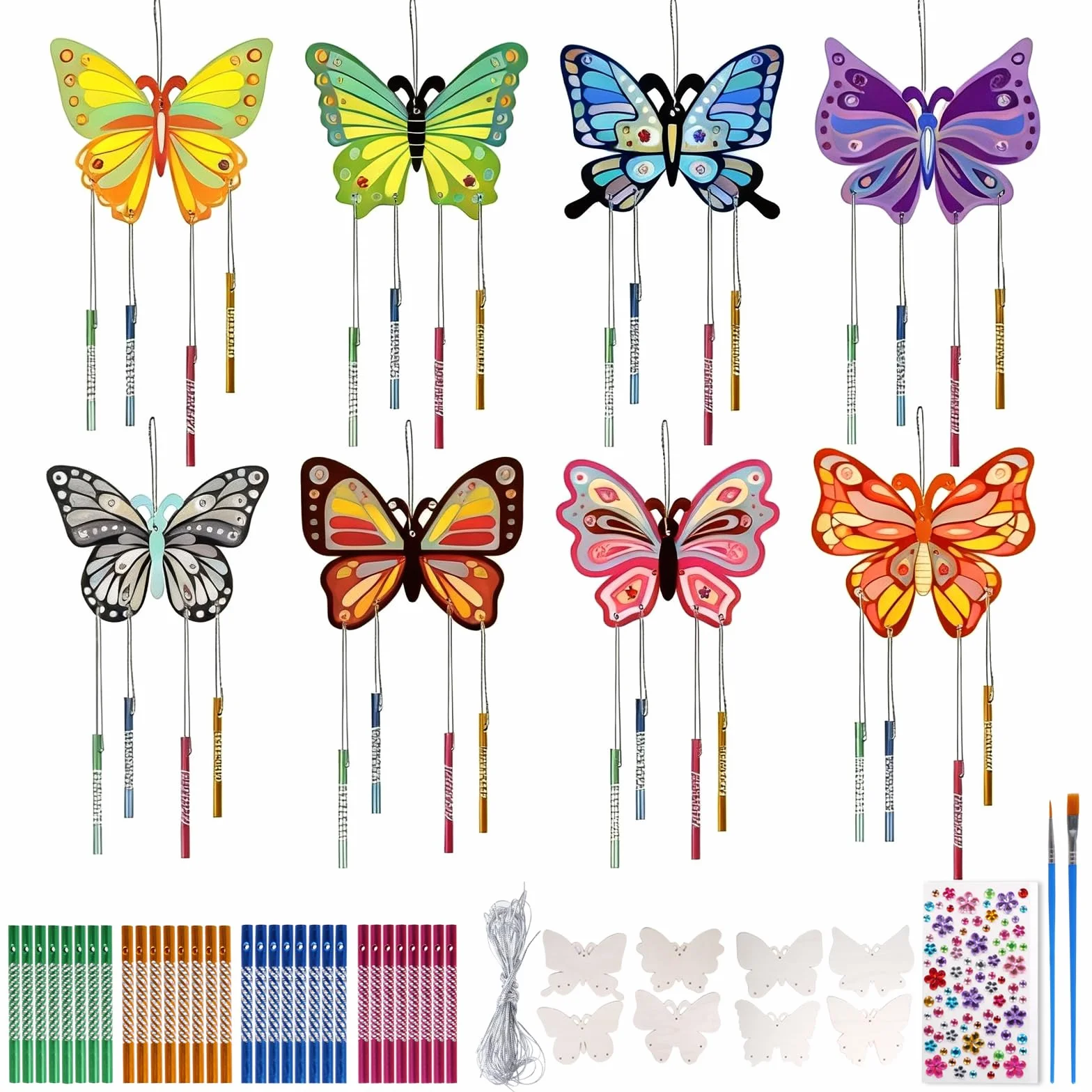 Kit de Bricolage Carillon Éolien Enfants 8 Pièces Bois Papillon