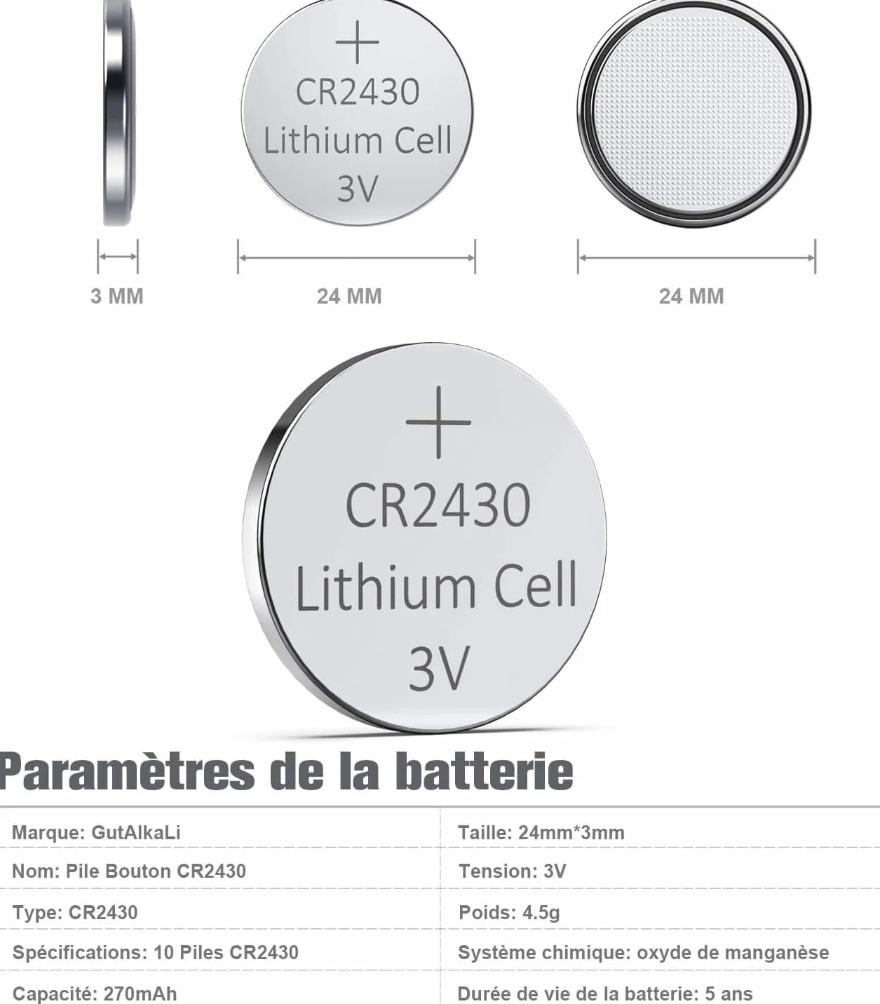 LAPROBING Batterie CR2430 Lithium 3V, Pile Bouton (10 pièces)