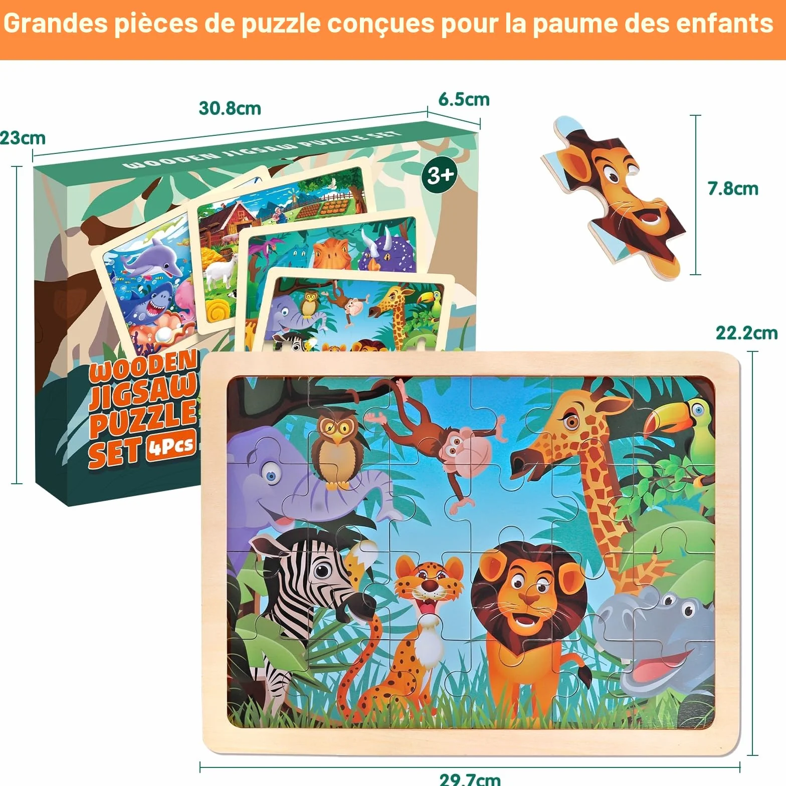 Puzzle en Bois Enfant 3 4 5 Ans Lot de 4x24 Pièces Jeu Montessori Éducatif Dinosaure Ferme Animaux