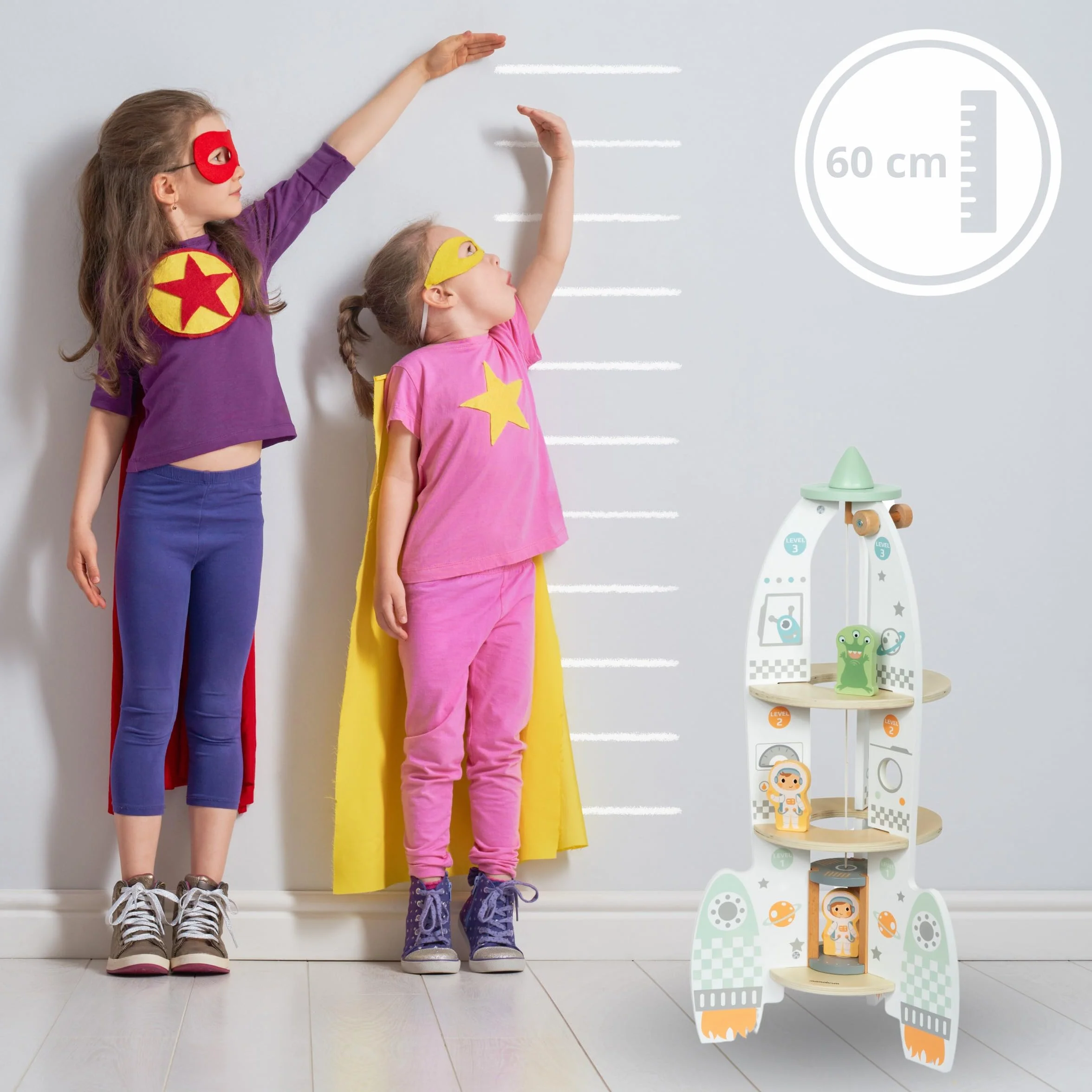 mamabrum Fusée Spatiale en Bois XXL - Jouet 3 Ans et Plus avec Ascenseur, 2 Astronautes, Robot, Extraterrestre - 60cm Hauteur - Centre de Contrôle et Salle Machines