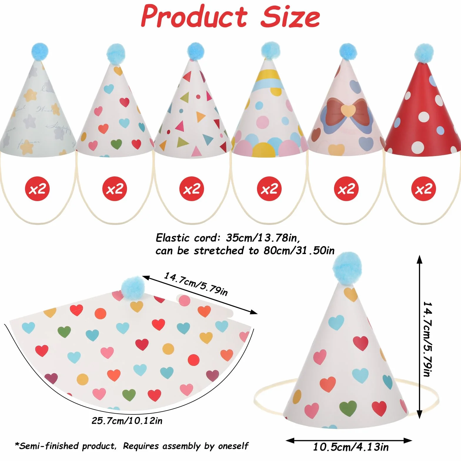 Chapeaux de fête pour animaux en peluche, lot de 12, 6 styles avec pompons, chapeau conique en papier pour chats chiens chatons lapins