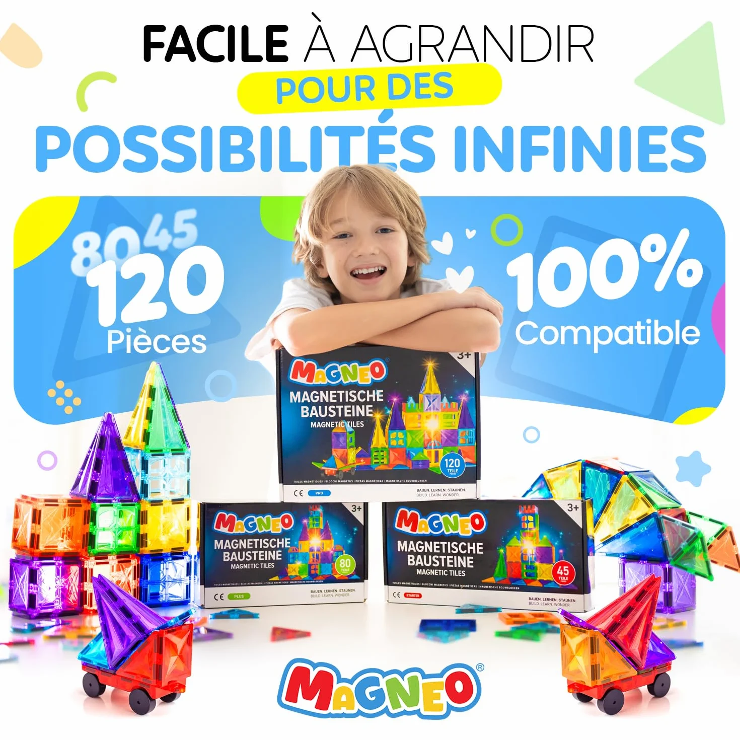Blocs Magnétiques 120 Pièces avec 2 Voitures Jeu de Construction Enfant 3 Ans