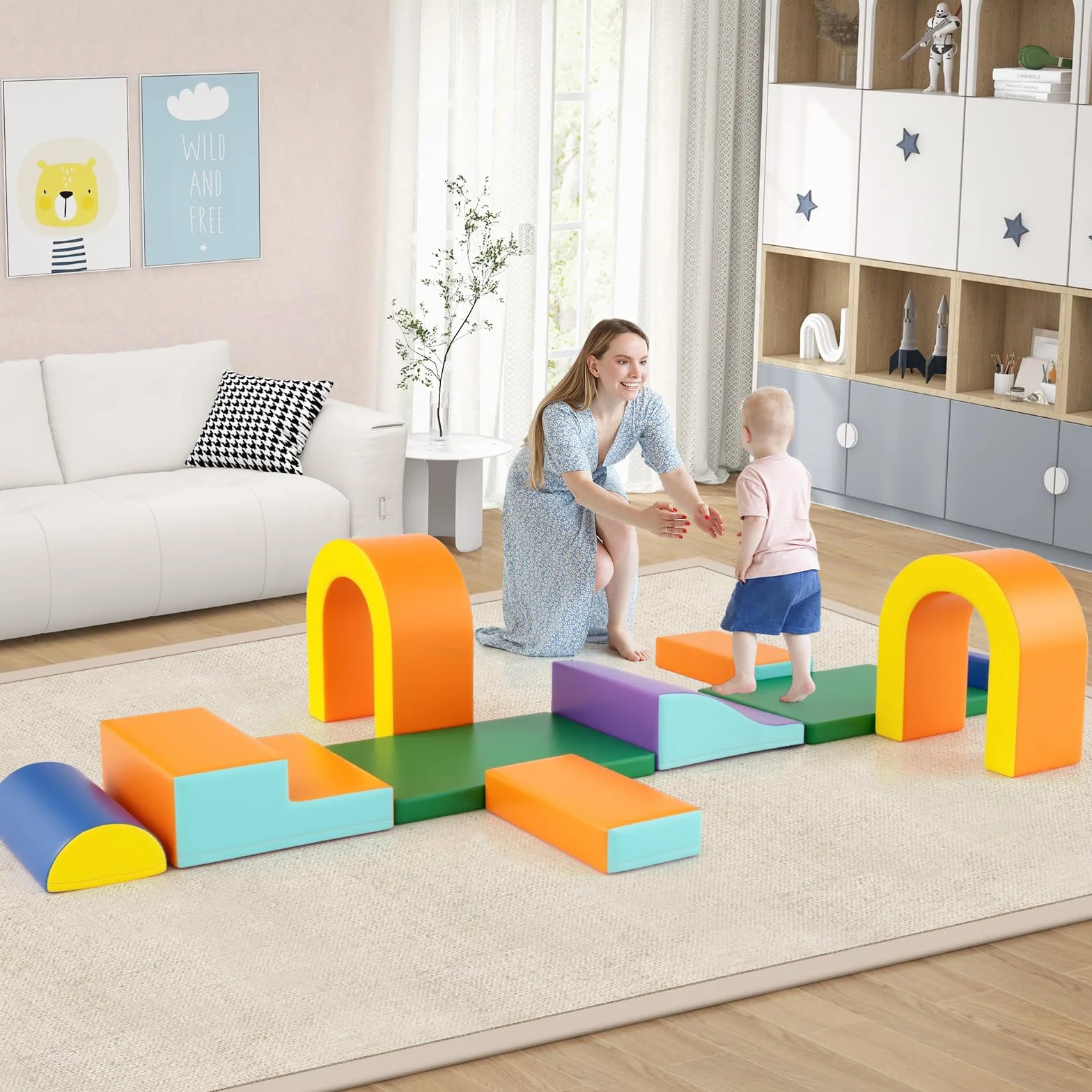 COSTWAY Module Motricité Bébé avec Toboggan & Escalier, Parcours Motricité en Mousse, Jouets Éducatifs Orange