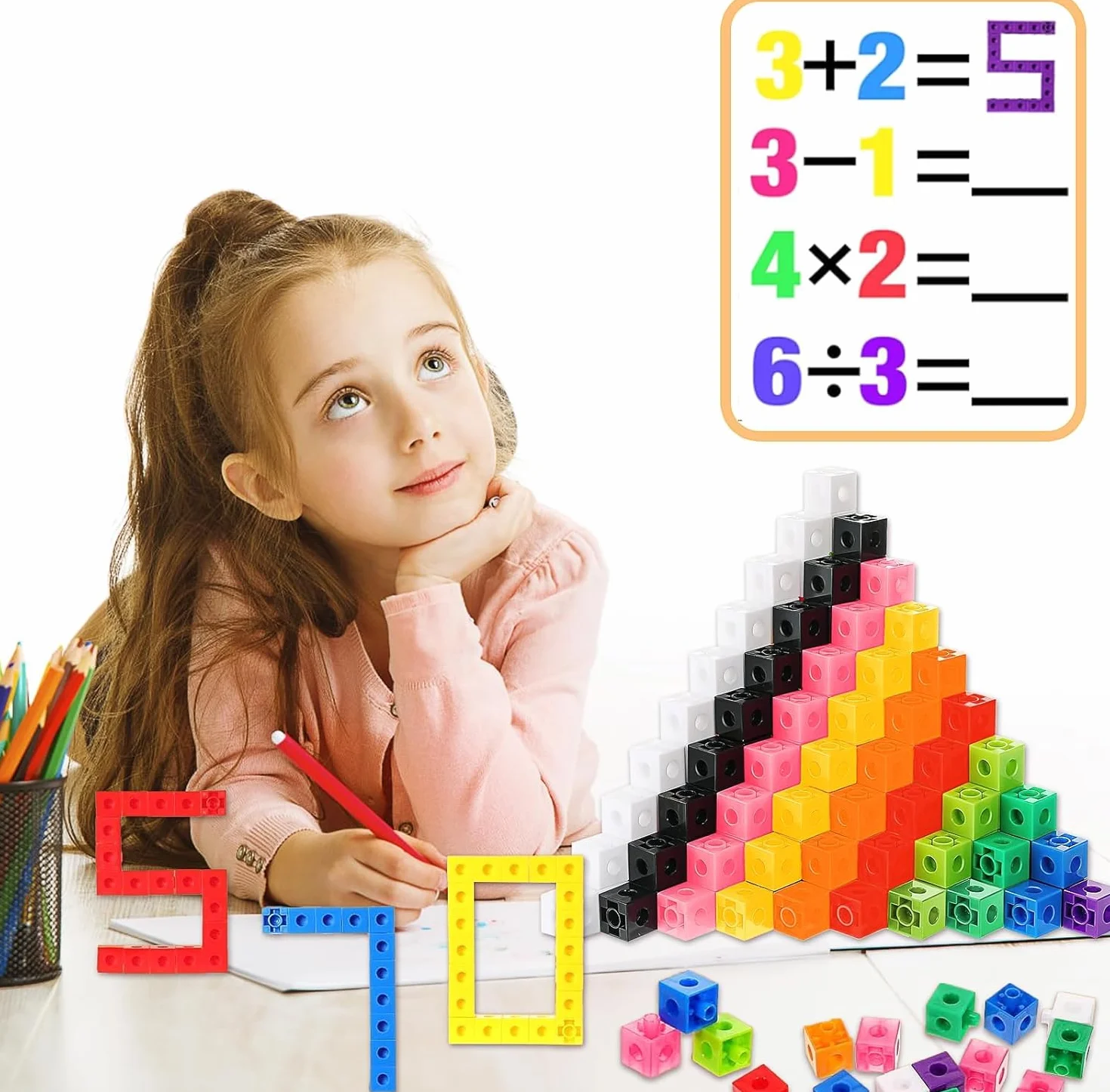 MALLOOM 500 Pcs Math Learning Linking Cube Counting Cubes Colorful Plastic Blocks Classroom Supplies