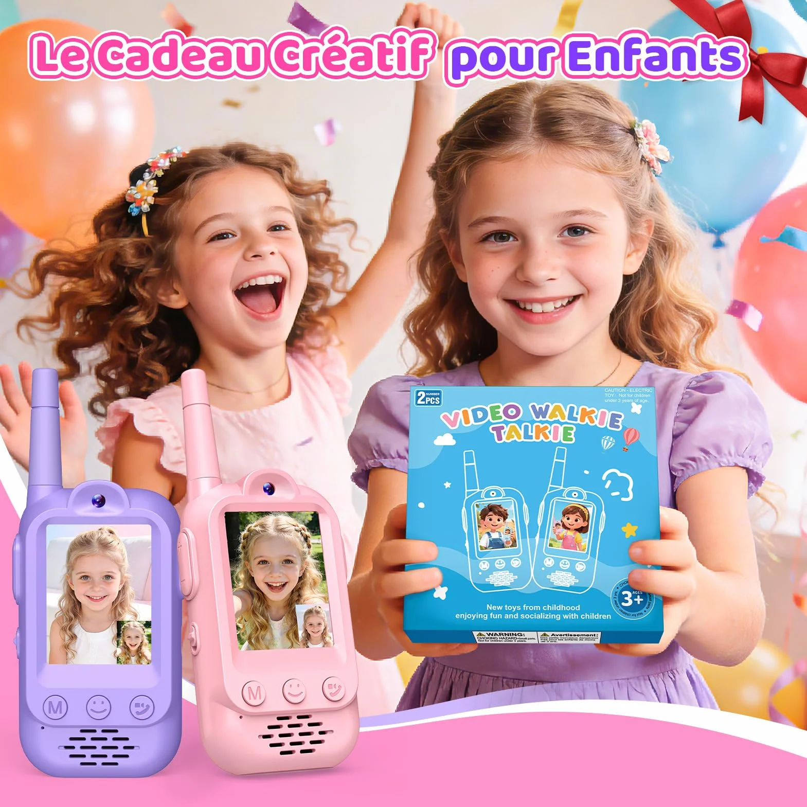 iKidiki Talkie Walkie Enfants Rechargeable, Cadeau Fille 3-8 Ans Video Jouet