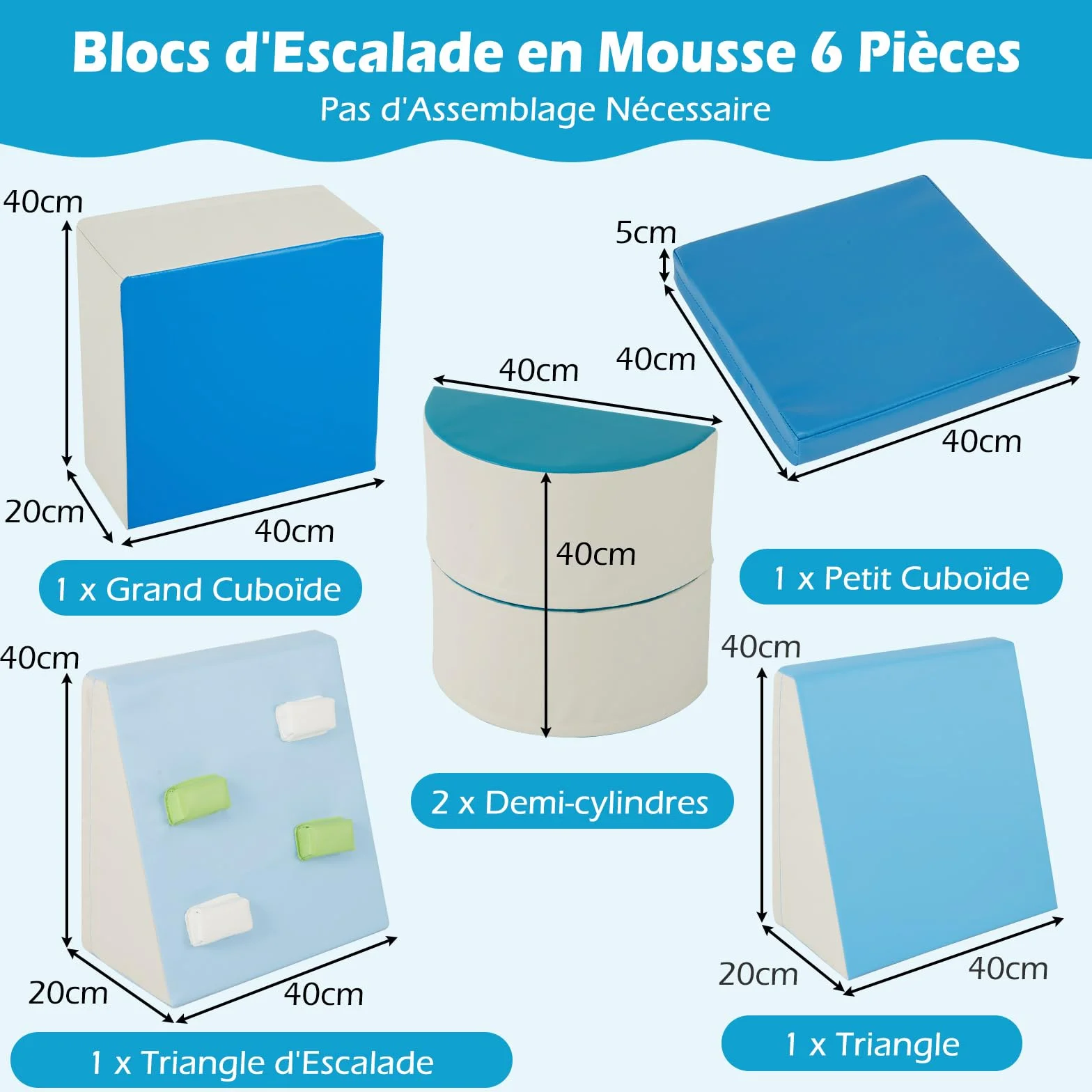 COSTWAY Parcours Motricité Bébé Mousse Housse PU Roches Escalade Attaches Crochets Jouets Éducatifs Ramper Grimper 12 Mois+ Bleu