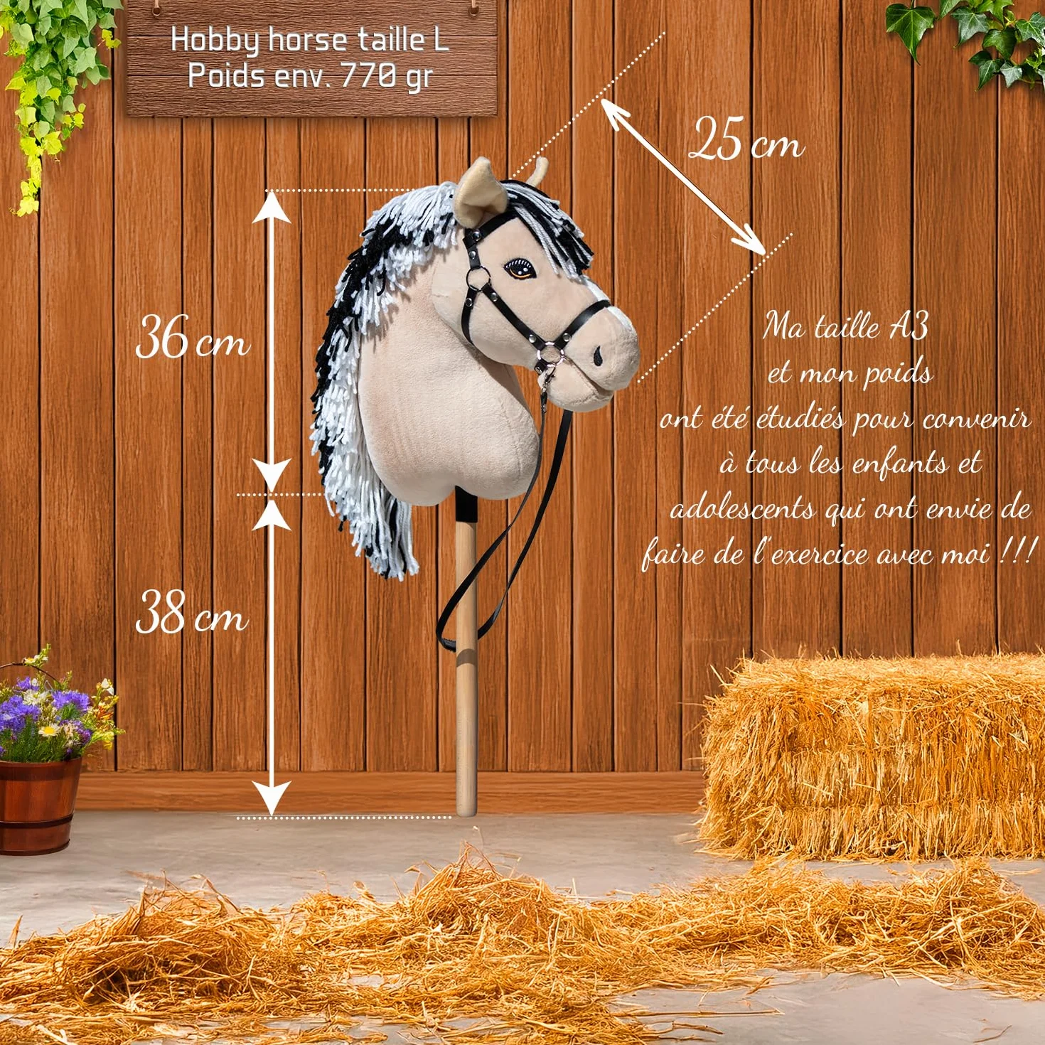 Hobby Horse Fjord A3 Cheval bâton Beige crins Noirs et Blanc Filet Complet Frontal Scintillant Jouet Équestre
