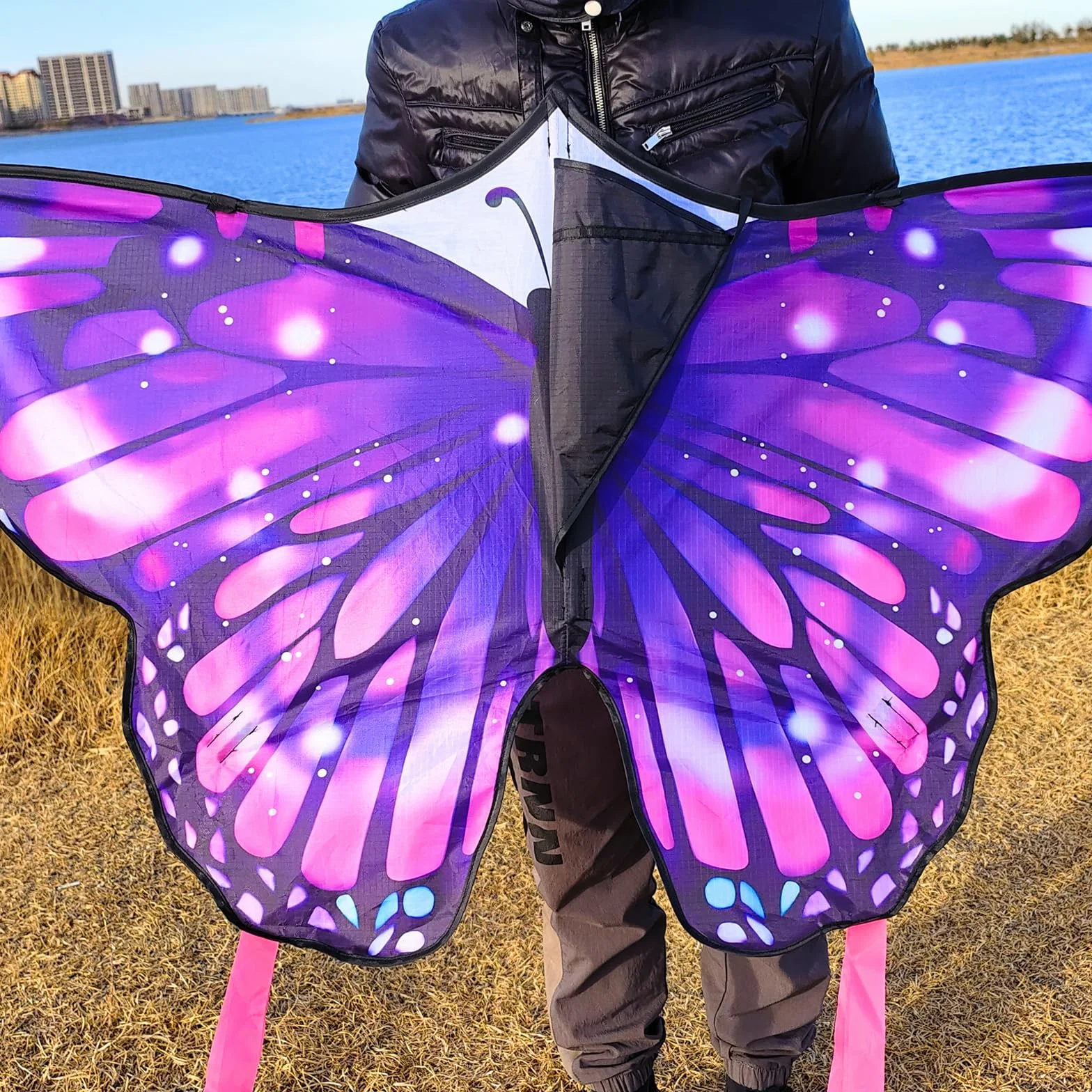Cerf-volant papillon violet 140 x 71 cm pour enfants et adultes extérieur plage