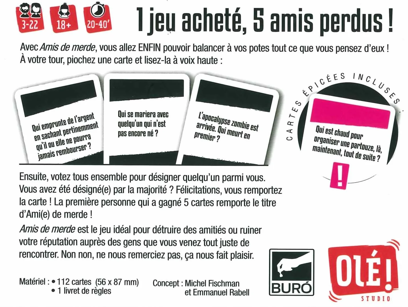 Olé! Studio Amis DE Merde – Le Jeu Qui ruine Vos amitiés ! Qui Sera l’ami de Merde de la soirée ? - Jeu de Cartes - Jeu de société Amusant pour Adultes - Idée Cadeau, Noir