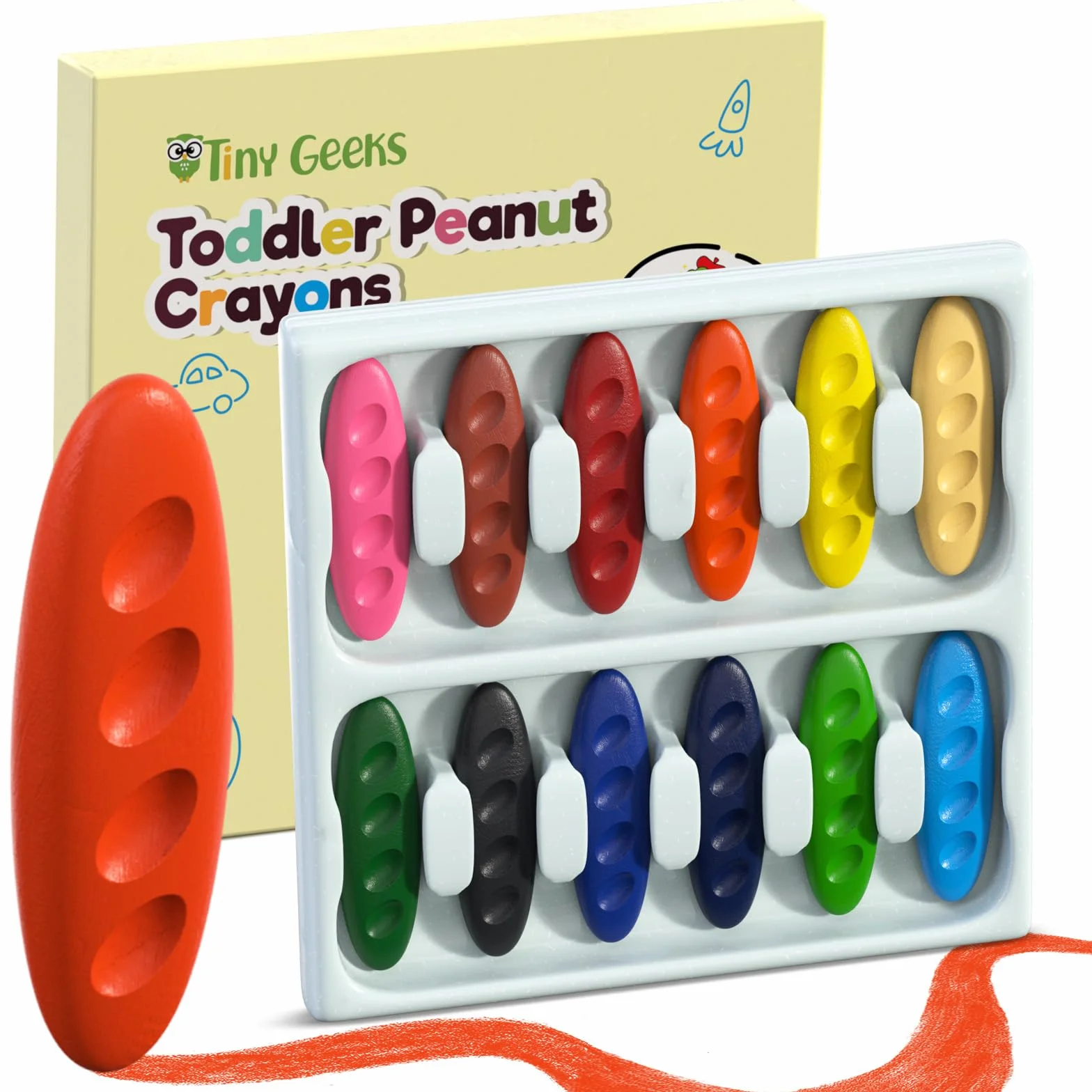 TinyGeeks Crayons Non Toxiques Lavables Forme Ergonomique Cacahuète pour Enfants 3 Ans+ Coloriage Facile à Tenir