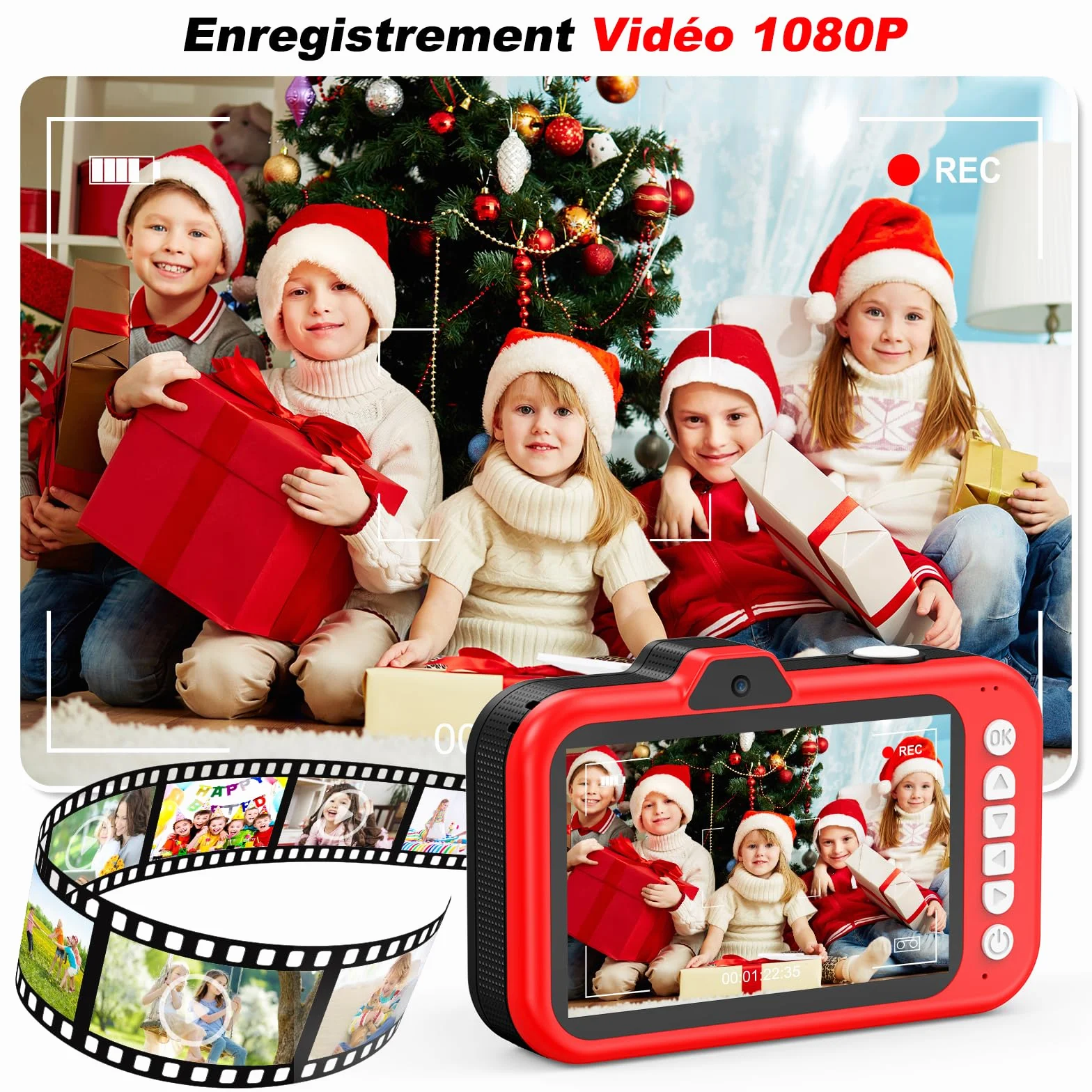 Appareil Photo Enfant Zoom Rotatif 360° Grand Écran 3,5" 1080P Selfie Flash LED Carte SD 32GB Jouet Cadeau Fille Garçons 3-12 Ans