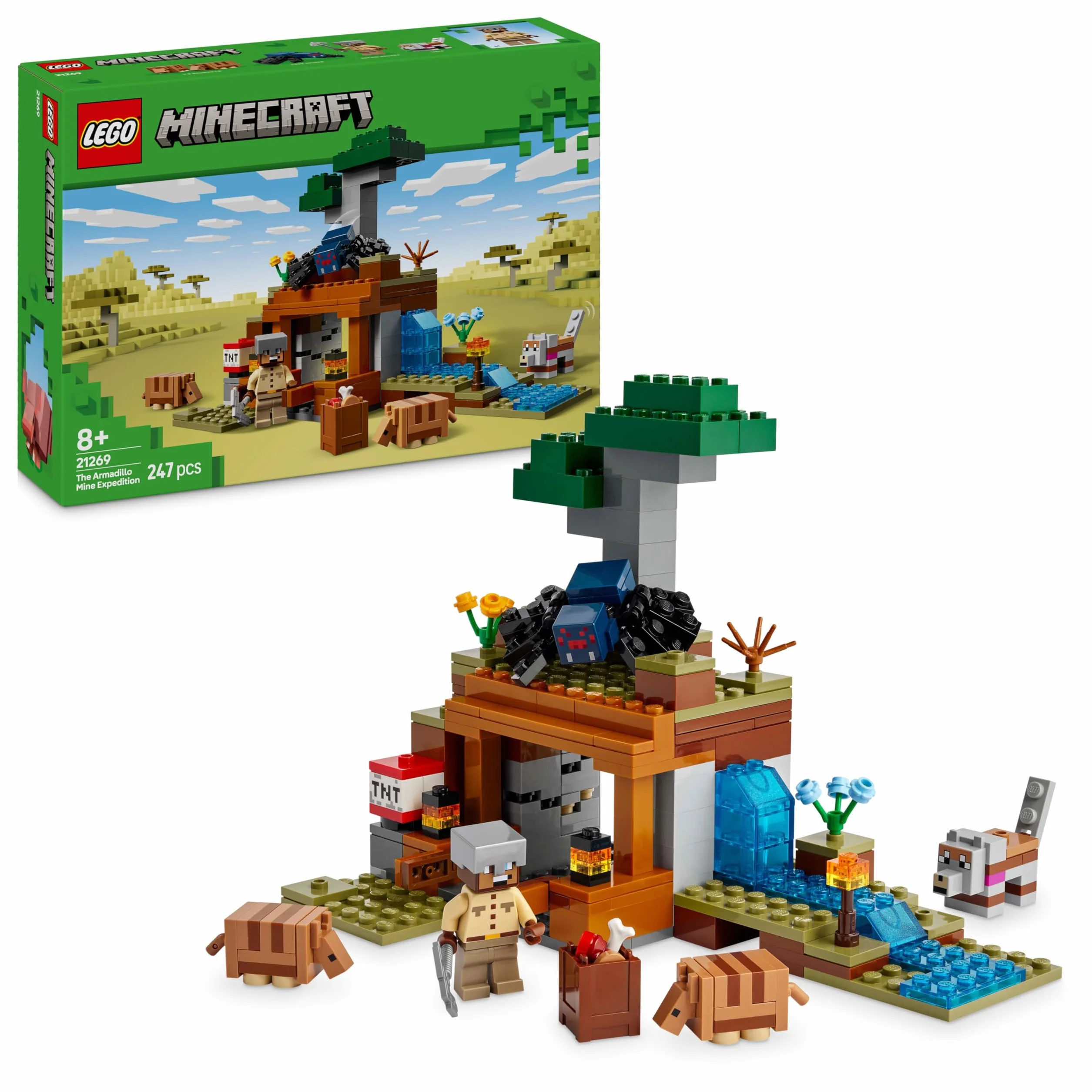 LEGO Minecraft L’Expédition dans la Mine du Tatou 21269 Jouet Interactif Figurines Araignée Venimeuse Loup TNT Cadeau 8 Ans