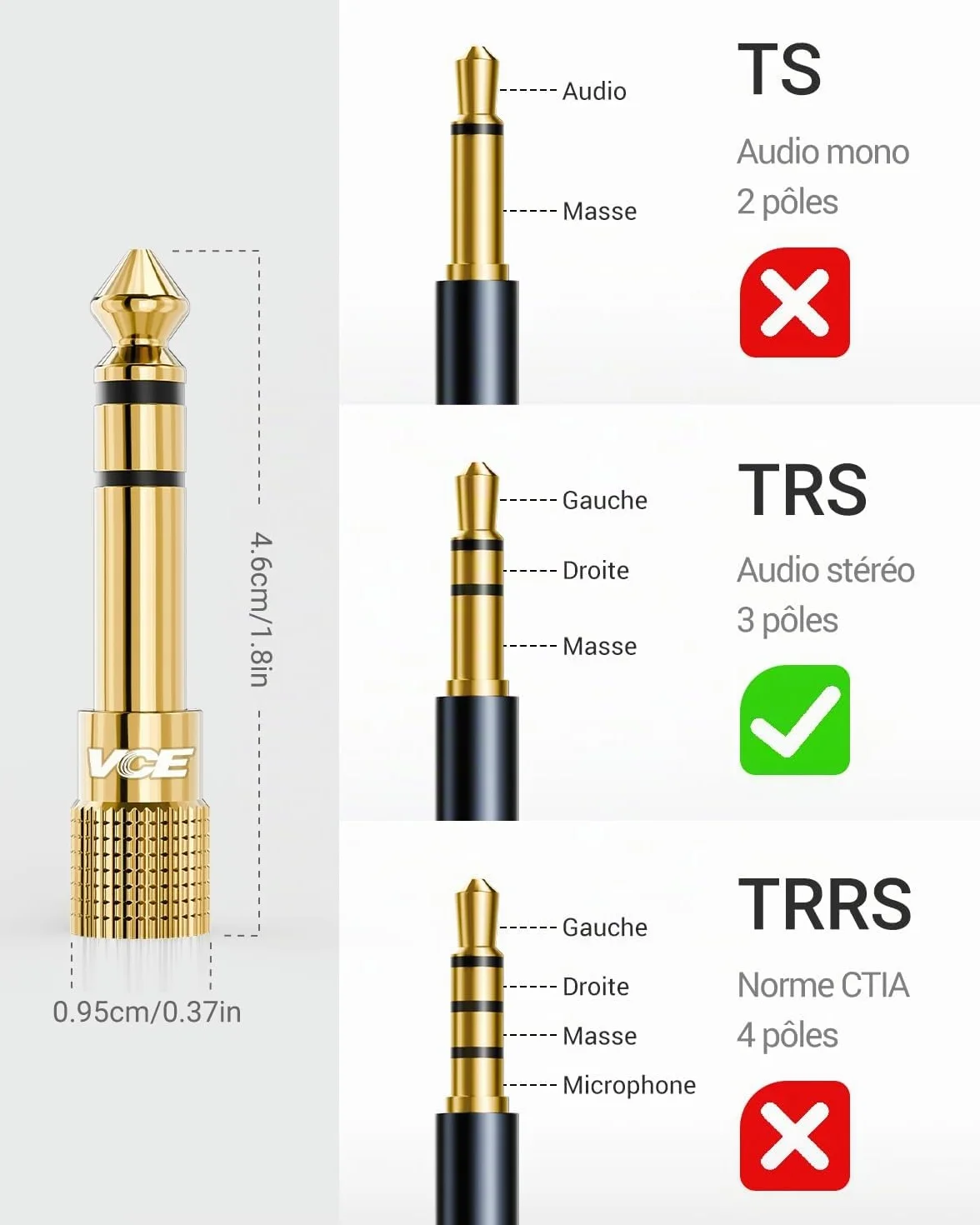 Adaptateur Jack 6.35mm Mâle vers 3.5mm Femelle, Audio Stéréo Plaqué Or 24K, Lot de 2
