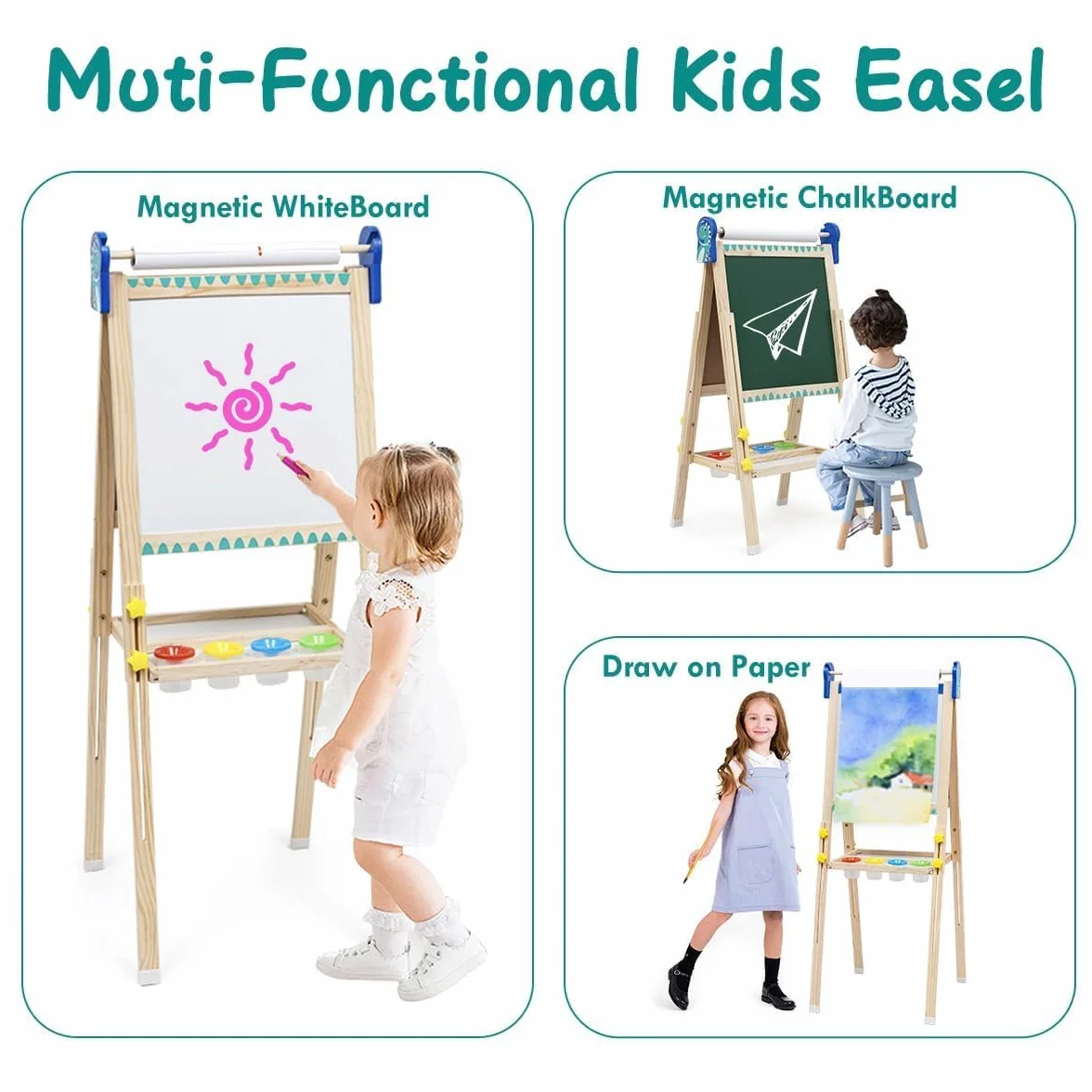 Chevalet pour Enfants en Bois 3 en 1 Tableau de Dessin Double Faces Pliable Réglable en Hauteur avec Rouleau de Papier et Accessoires 3+ Ans Cadeaux