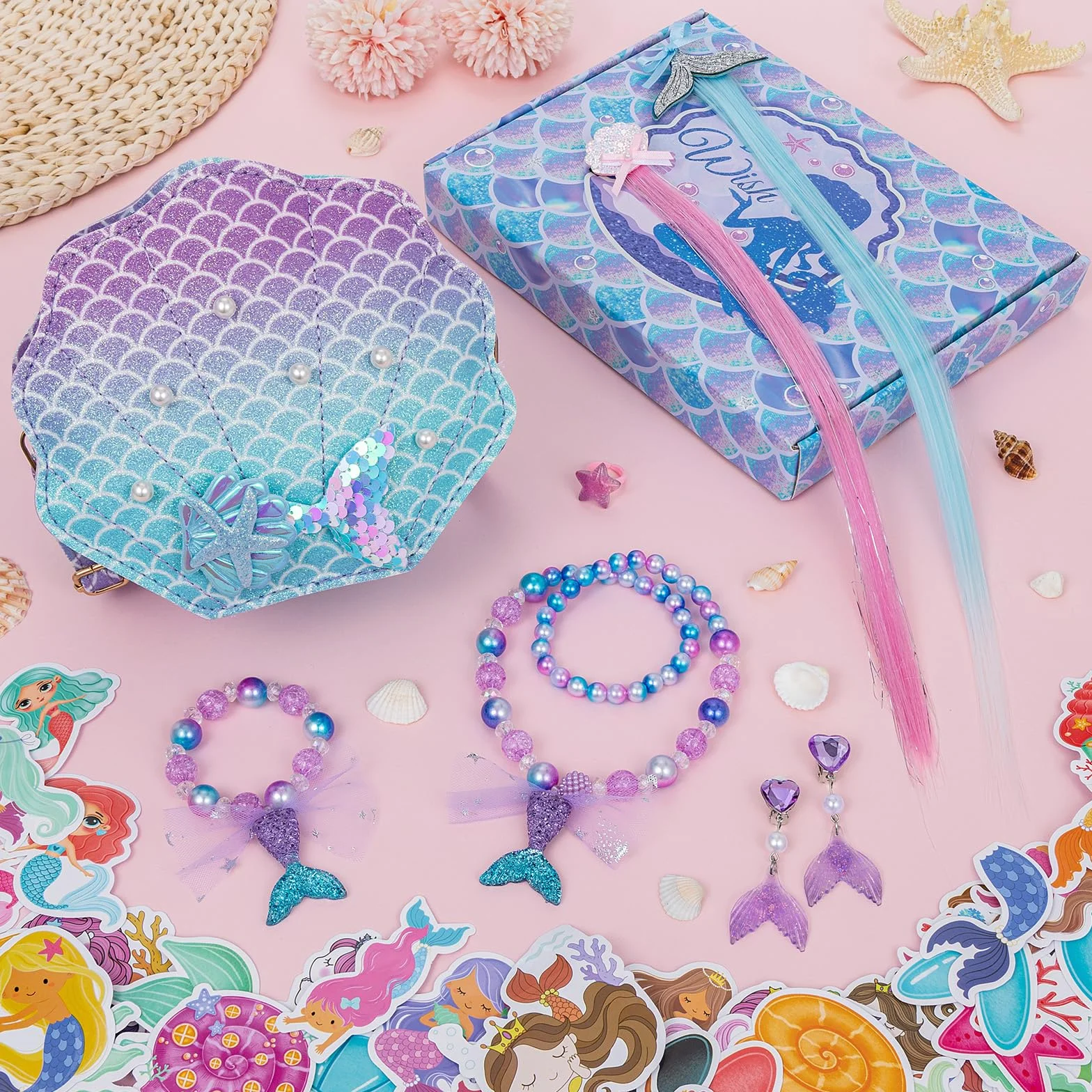 Sirènes Sac à Main Bijoux Enfants Fille, Coquillage Sac Bandoulière Princesse Set Collier Bracelet Bague Boucles d'oreilles