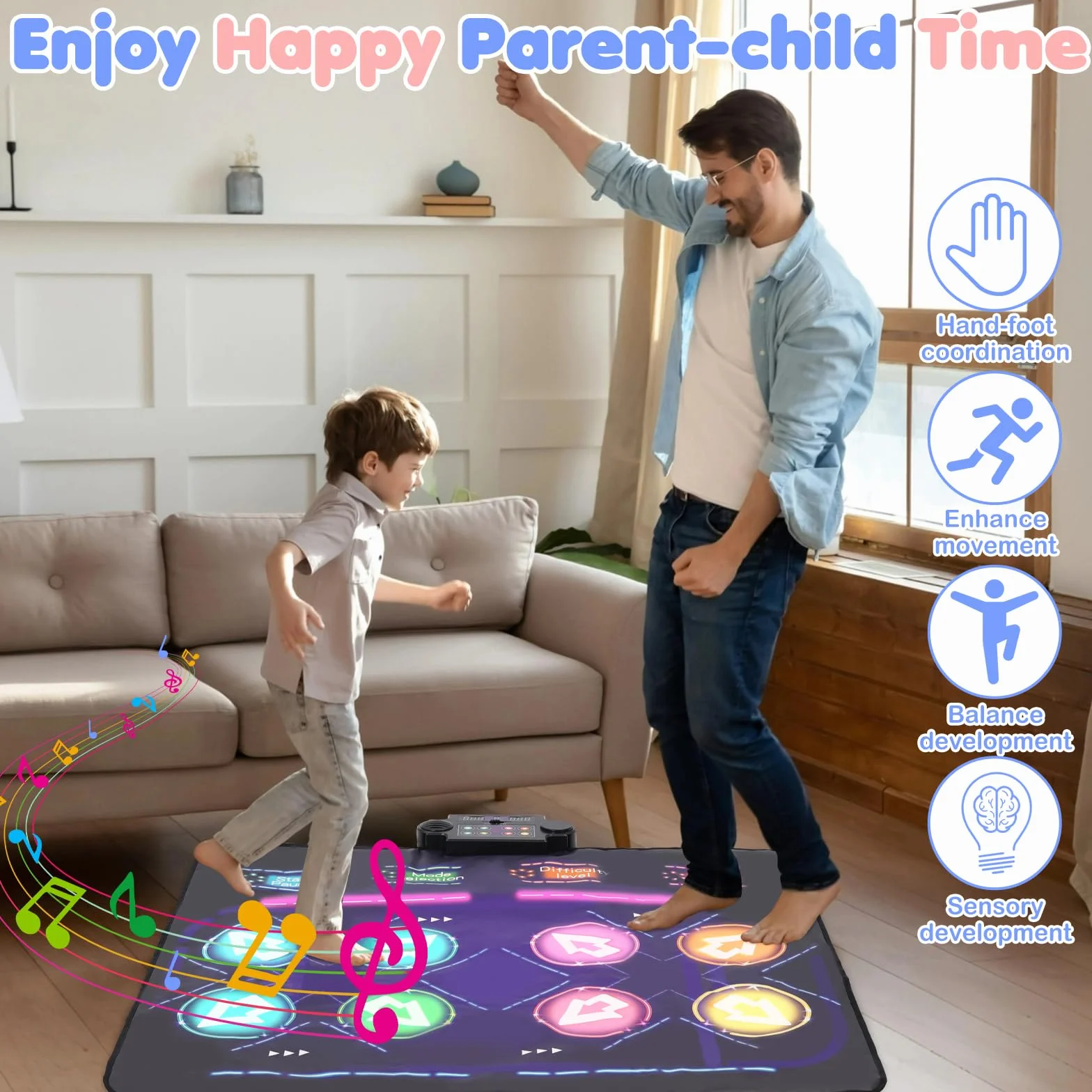 Tapis de Danse Double pour Enfants 8 Flèches LED 4 Modes de Jeu 3-12 Ans Cadeau Noël