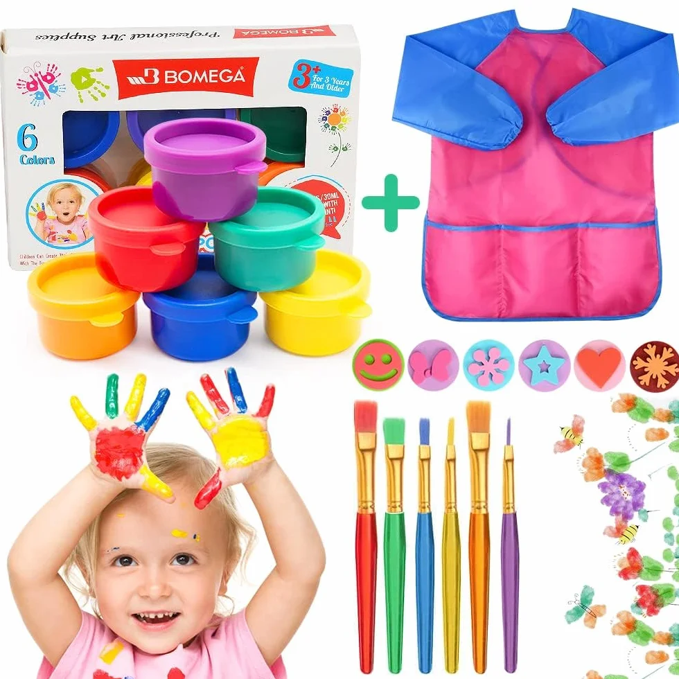 Peinture Enfant Lavable 30ml Peintures Doigt avec Pinceau Tablier Non Toxique Bébés Ensembles Peinture Jouets Dessin