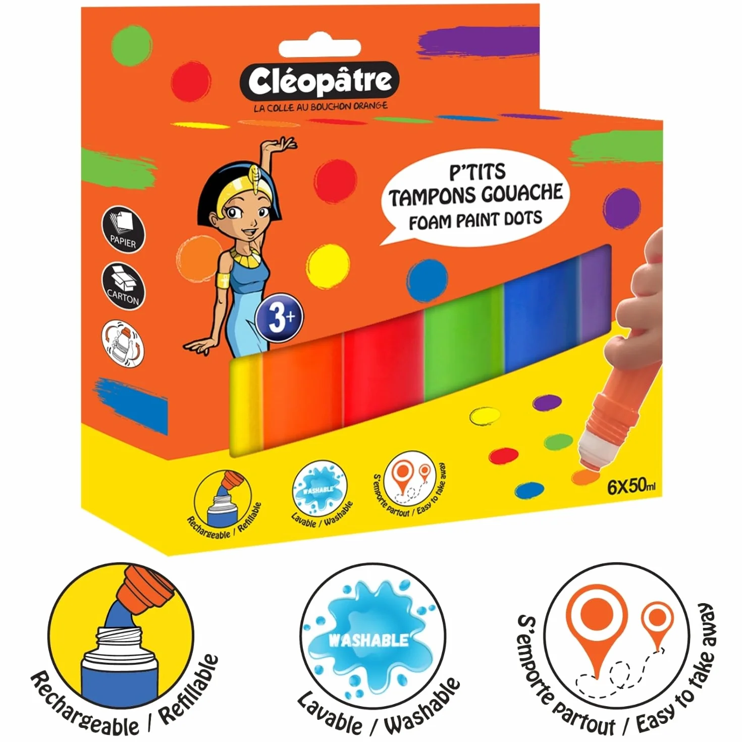 CLEOPATRE Lot de 6 P'tits Tampons de Peinture Gouache 50ml Dot Marker pour Enfant