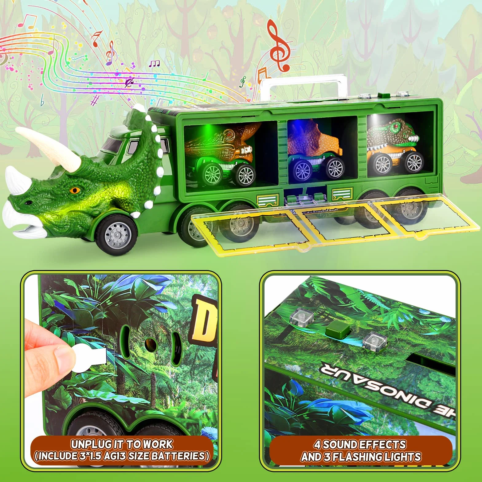 DINORUN Dinosaure Jouet Camion de Transporteur avec Lumière et Son pour Enfant 3 4 5 Ans