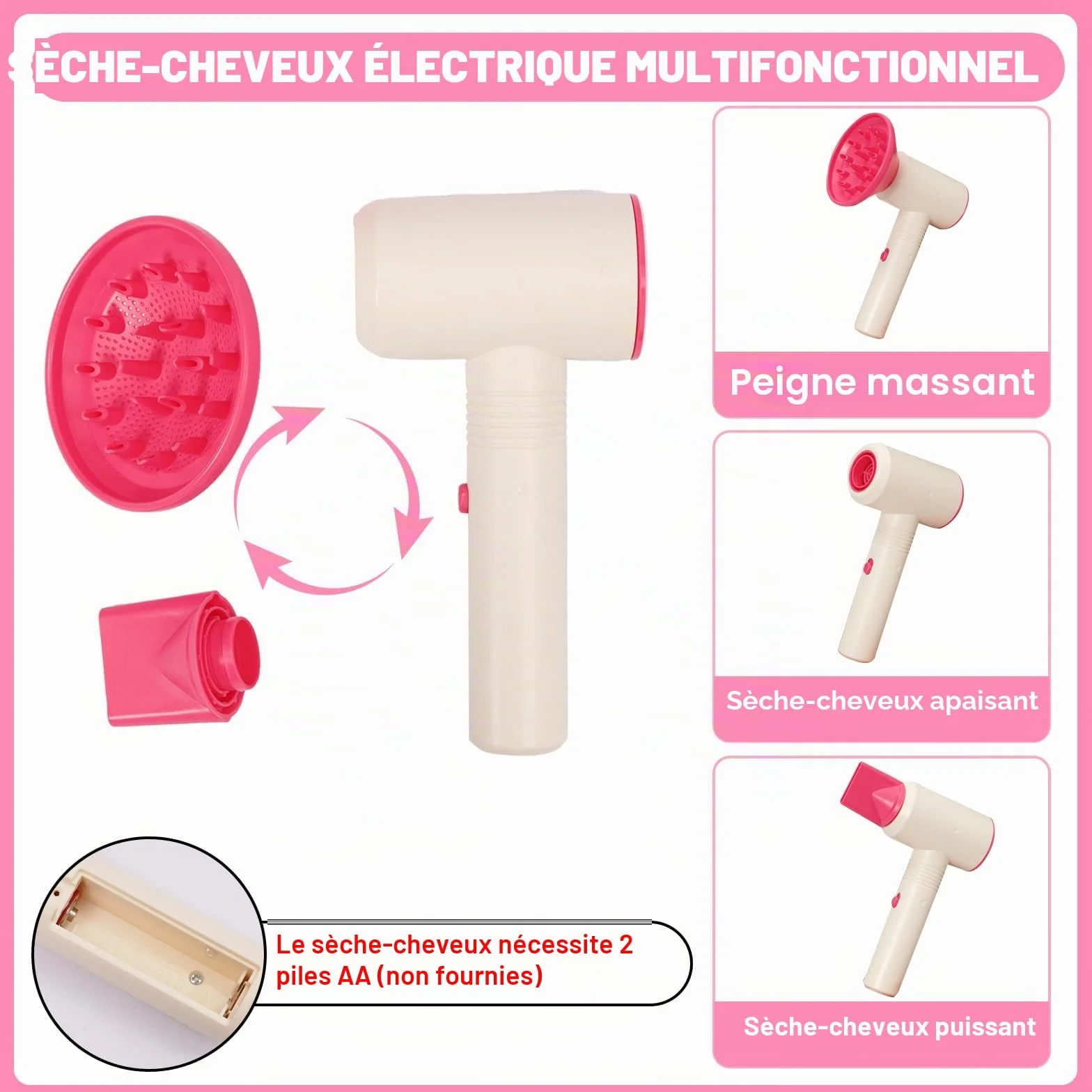 Coffret de Coiffure Rose pour Enfants, Sèche-Cheveux, Lisseur, Peigne, Jeu de Rôle, Cadeau Fille 3 Ans+