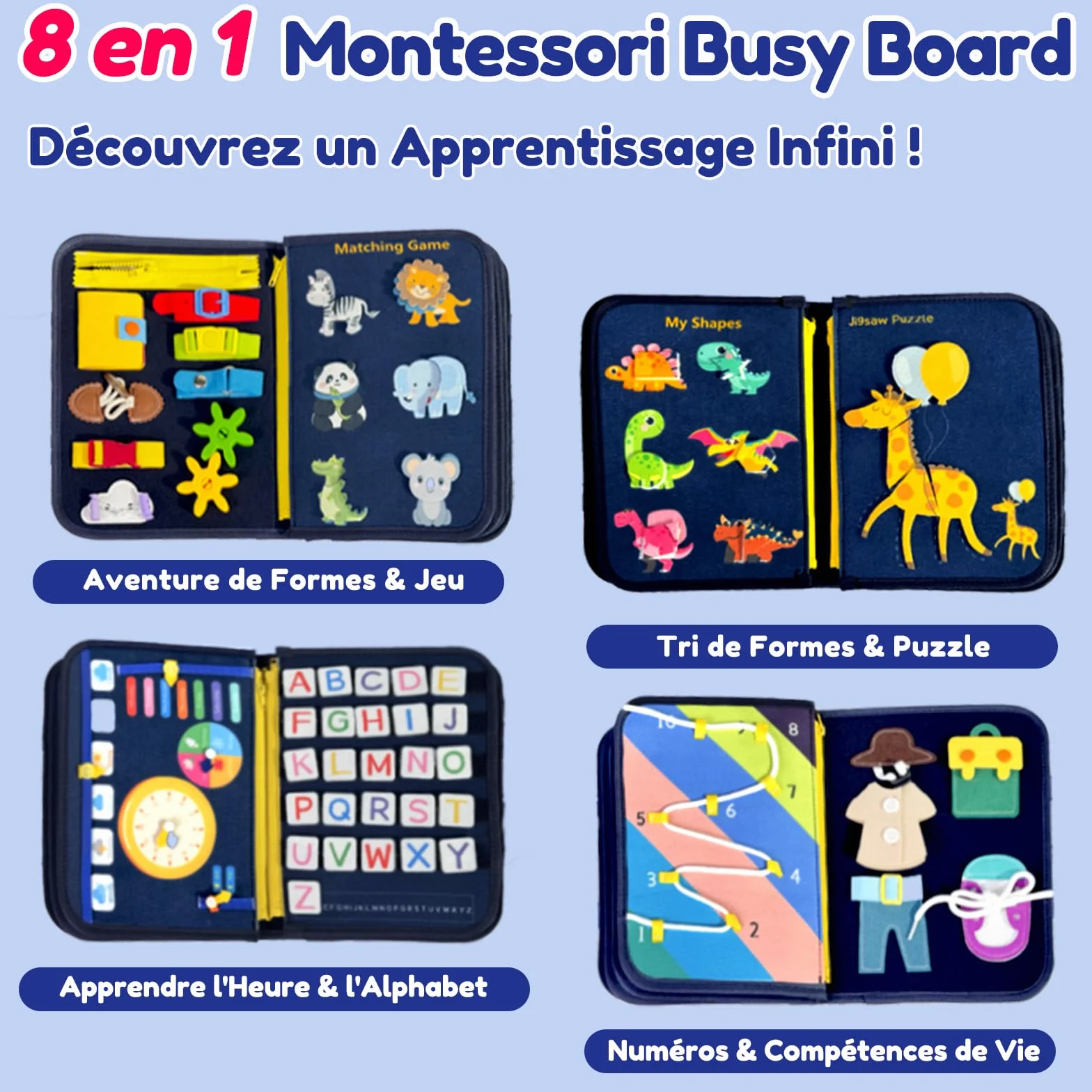 Qizfun Busy Board Jouet Montessori Bébé Tout-Petits Sensoriel Éducatif Voyage Avion Voiture Cadeau Garçon Fille