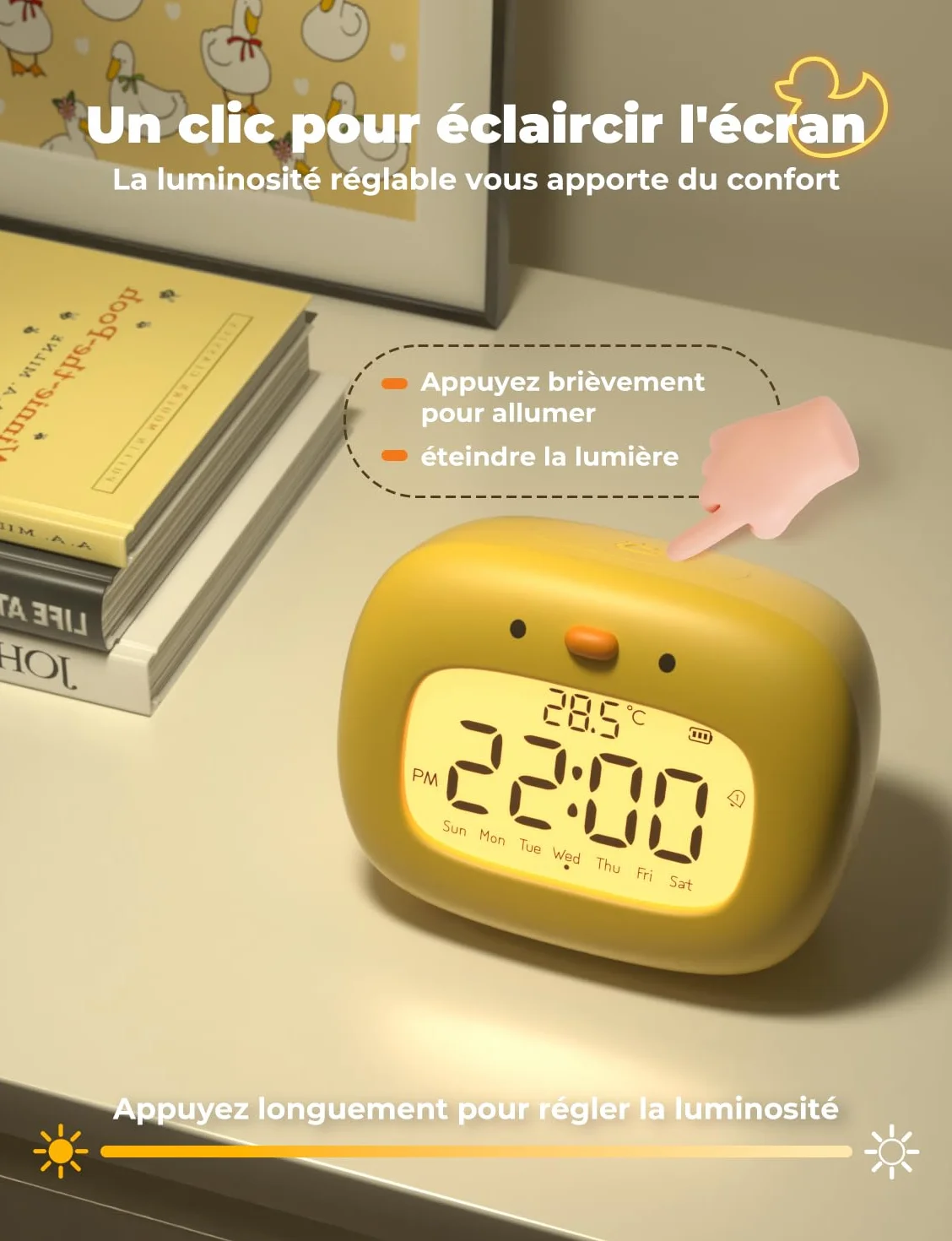 YISSVIC Réveil Enfant Numérique 3 Alarmes 12/24 Heure Snooze Minuterie Affichage Semaine Type C Rechargeable Forme Canard