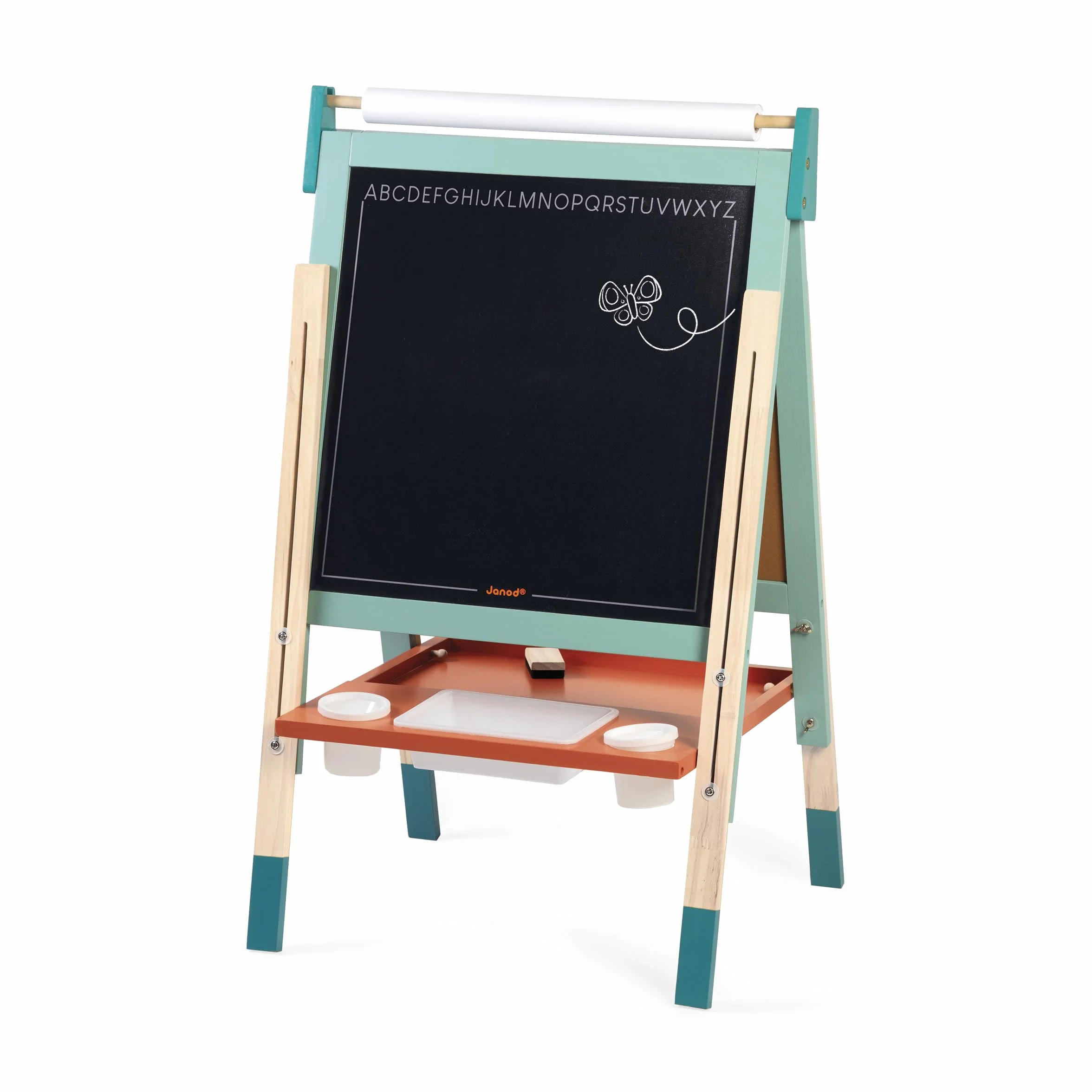 Janod Tableau Chevalet Double Face en Bois Réglable en Hauteur Ardoise Blanche Magnétique + Craie + Rouleau Papier 23 Accessoires Dès 3 Ans
