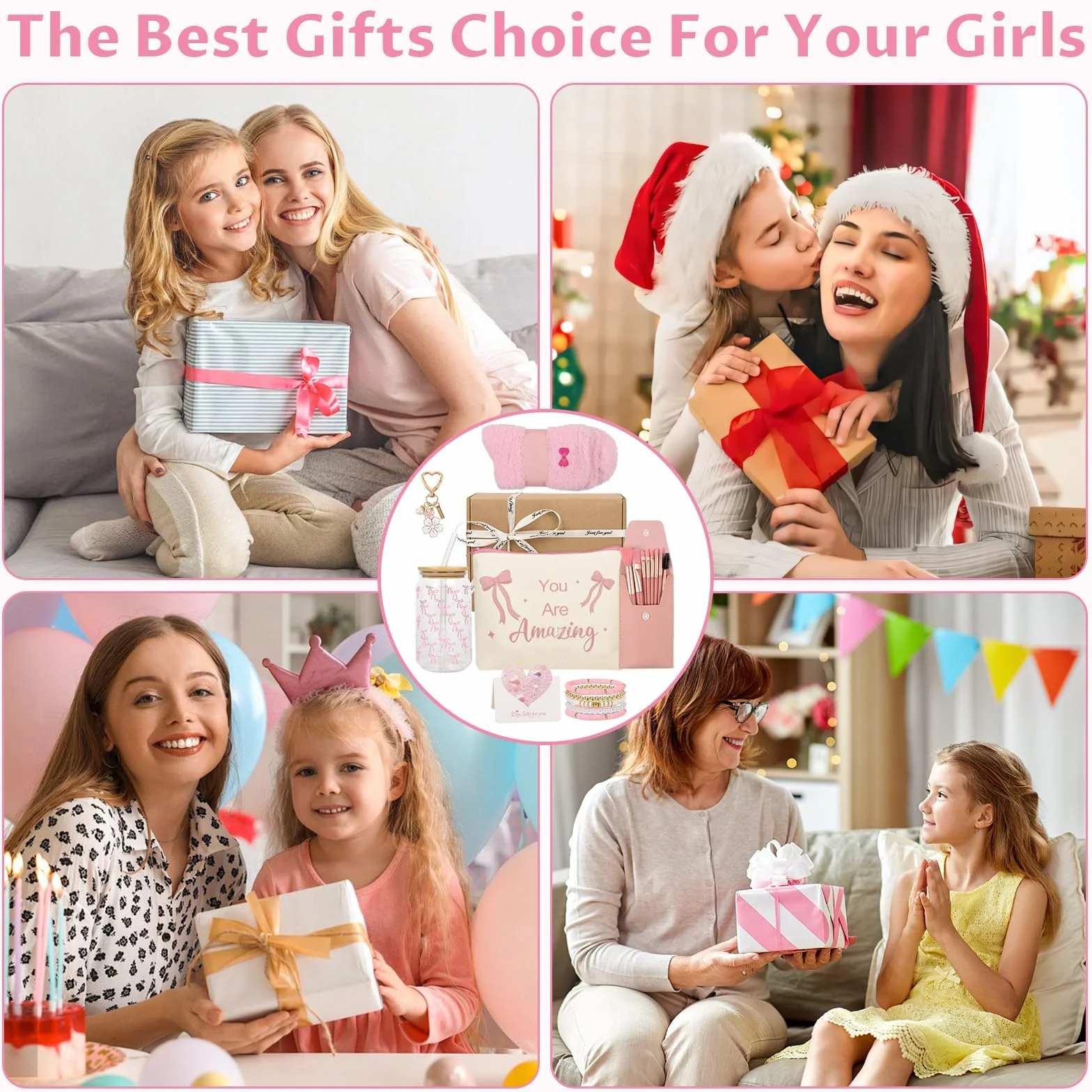 Cadeau anniversaire fille 9-15 ans avec verre paille couvercle pinceau maquillage porte-clés trousse cosmétiques bracelet 5 en 1