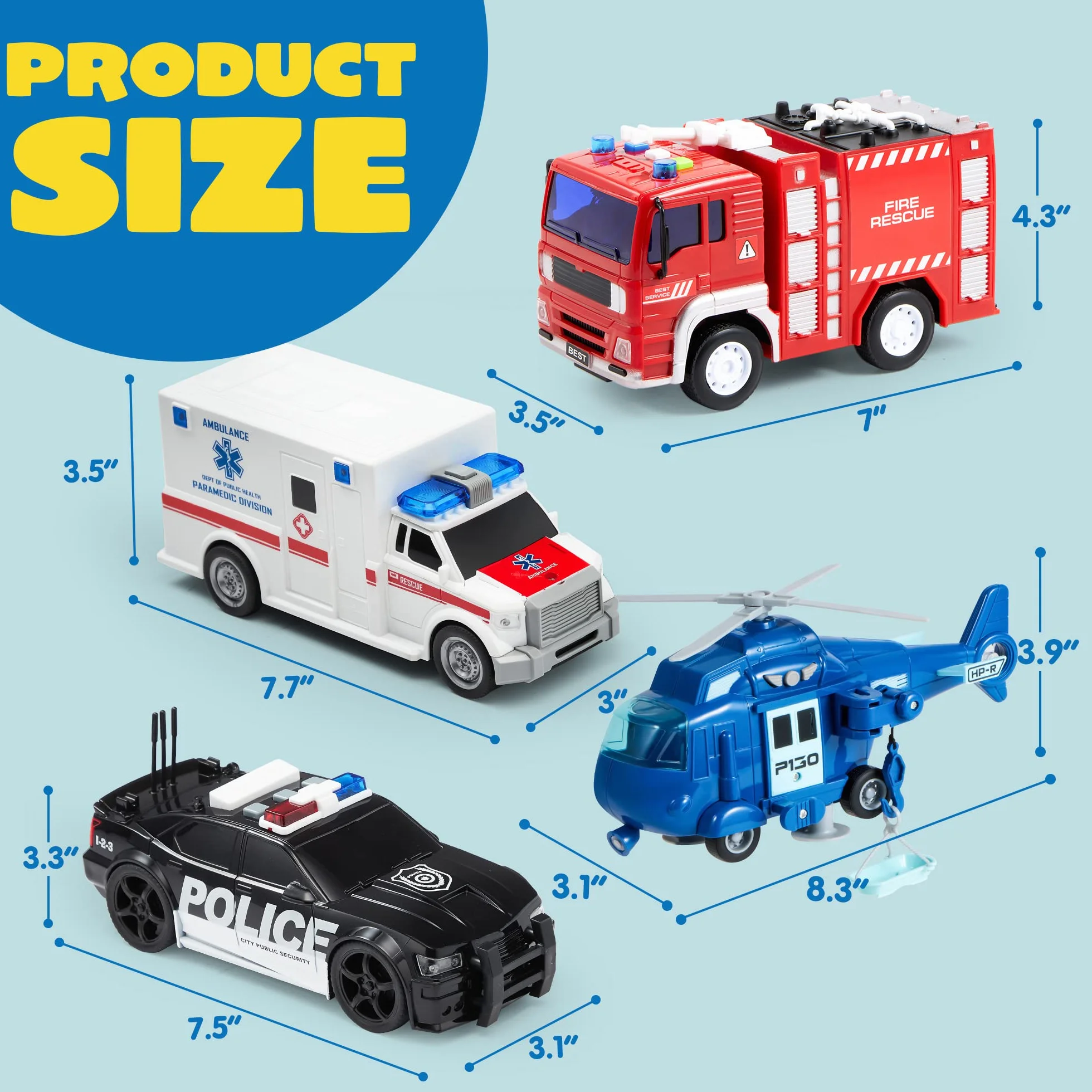 JOYIN Lot de 4 Camion de Pompiers Ambulance Voiture de Police Hélicoptère de Secours