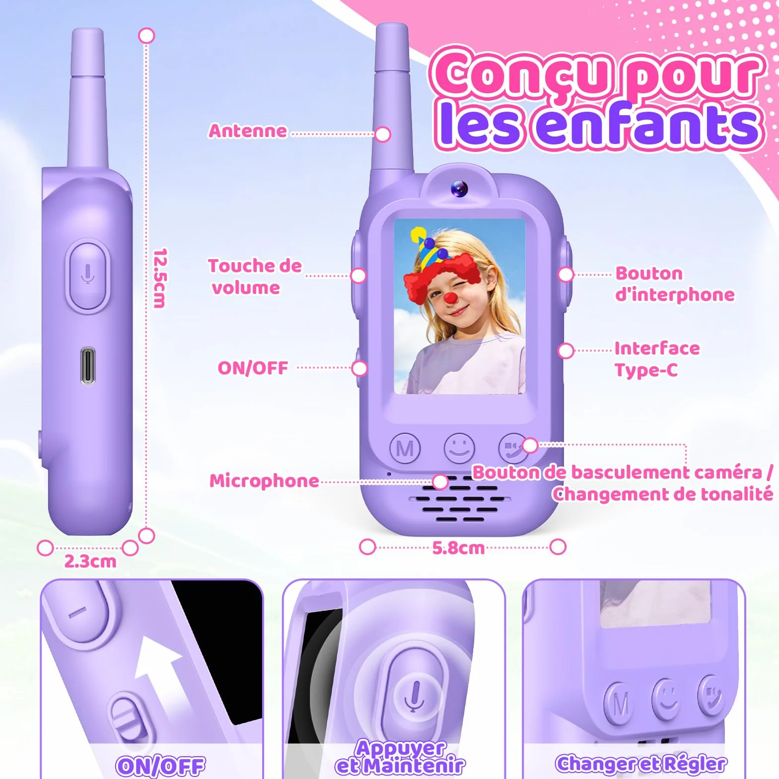 iKidiki Talkie Walkie Enfants Rechargeable, Cadeau Fille 3-8 Ans Video Jouet