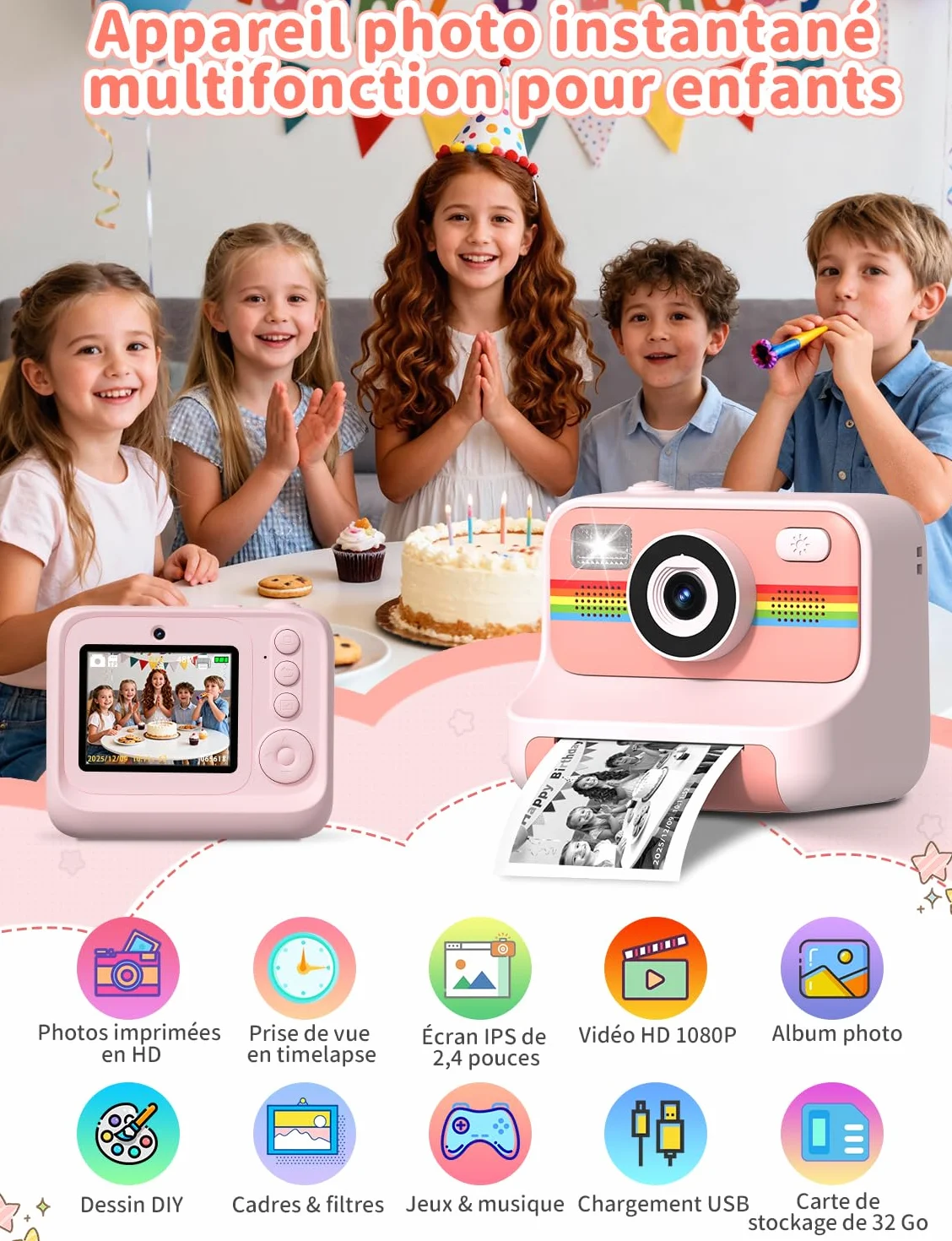 LIORQUE Appareil Photo Instantané Enfant 2.4'' HD 1080p avec Carte 32GB & Papier d'impression Rose