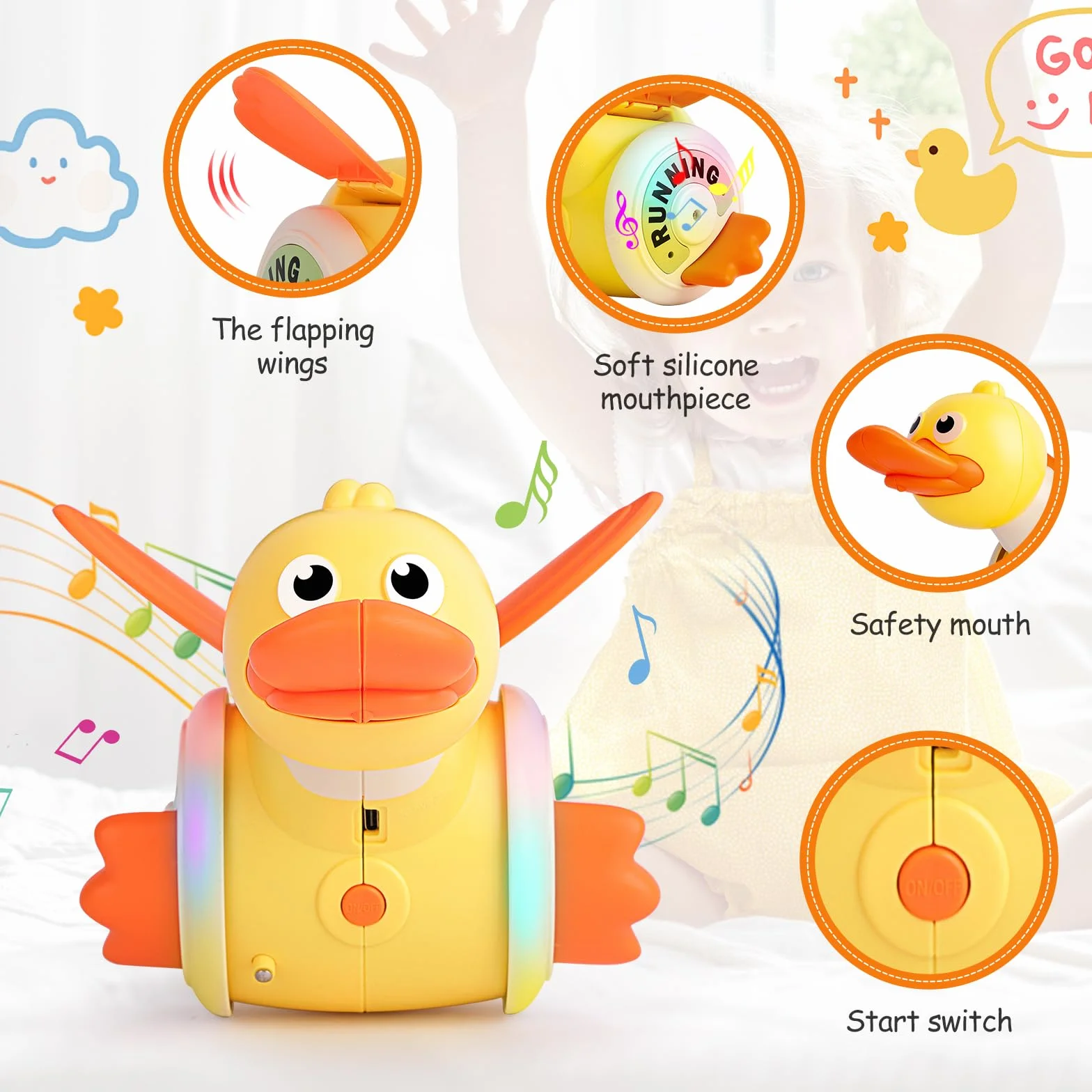 Jouet Canard Rampant avec Musique, Danse et Lumière, Rechargeable USB, pour Bébés 1-4 Ans