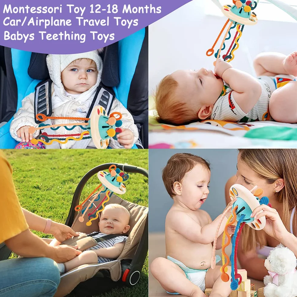 Jouets Montessori Bébés 6-12-18 Mois, Jouet Bebe 1 an, Jeux Motricité Multisensorielle Corde à Tirer Silicone
