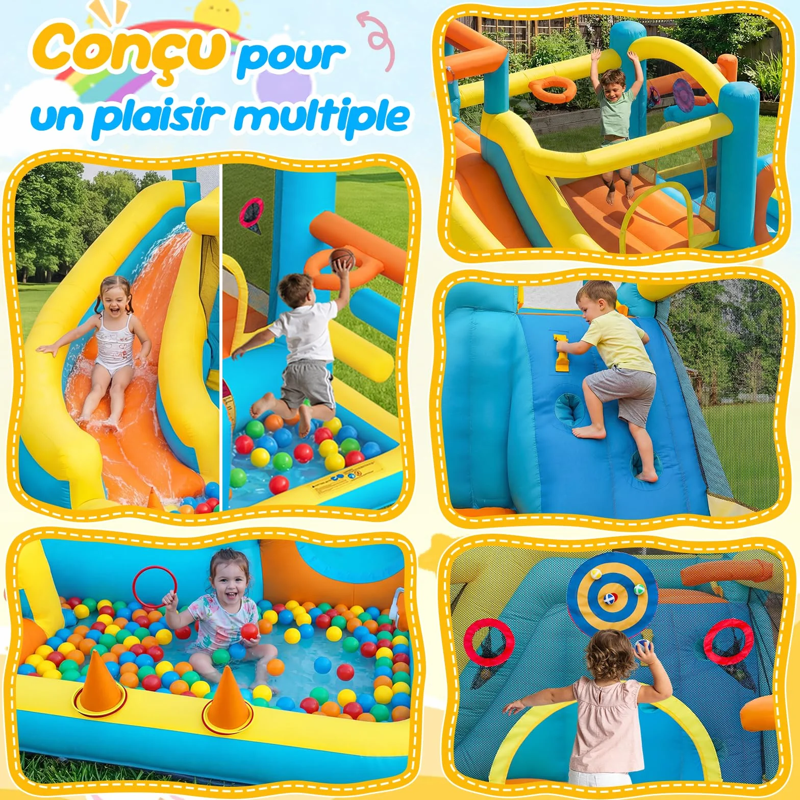 Château Gonflable avec Toboggan Aquatique, Piscine à Balles, Mur d'escalade, Souffleur Inclus, Intérieur/Extérieur