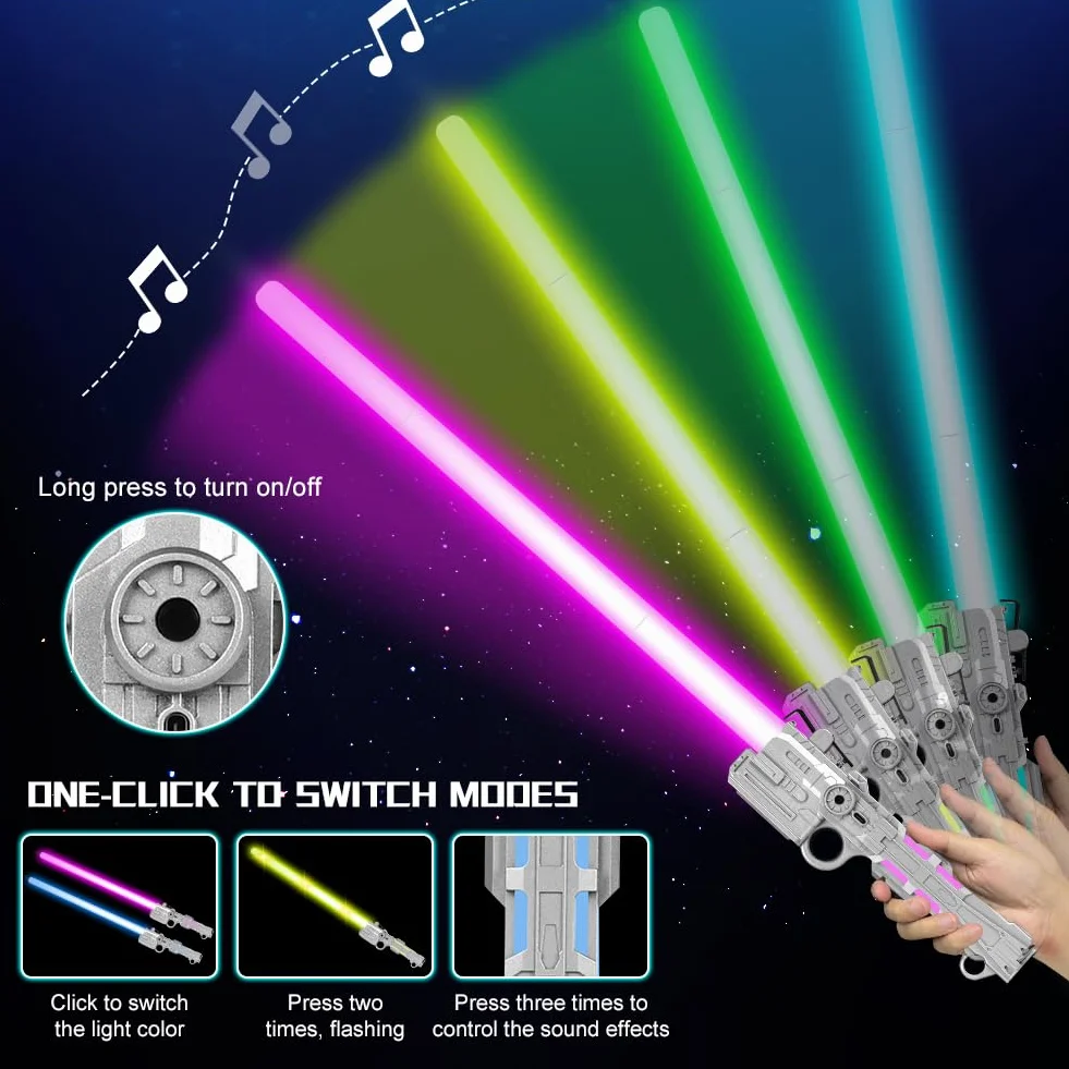 Sabre Laser 7 Couleurs 2 en 1 Épée Laser LED avec Son Rétractable Rechargeable USB Argent 34-66cm