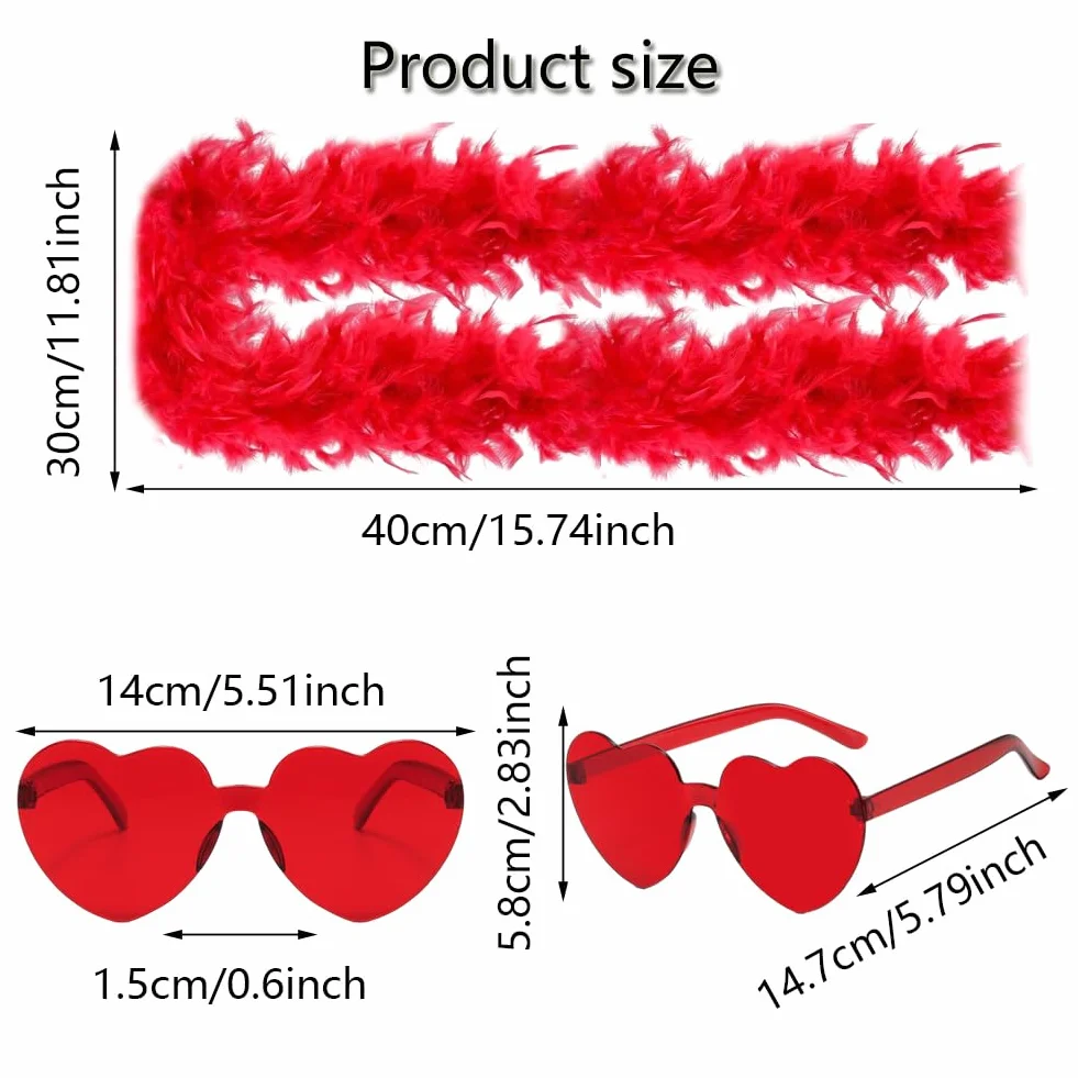 Accessoires De Fête Boa En Plumes Colorées Et Lunettes De Soleil 2 Pièces Rouge Mariage Déguisement