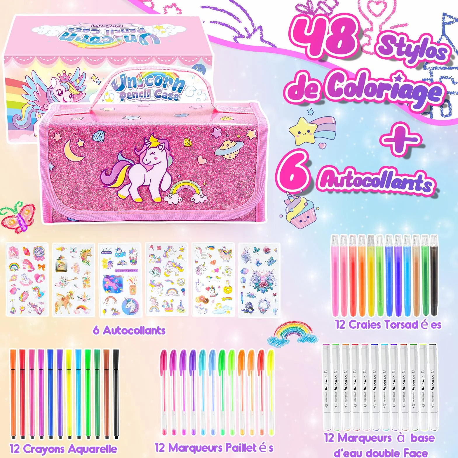 HappyGoLucky Malette Dessin Enfant 48 Pinceaux Autocollants Imperméable Facile Nettoyer Cadeau Fille 3-10 Ans Rose